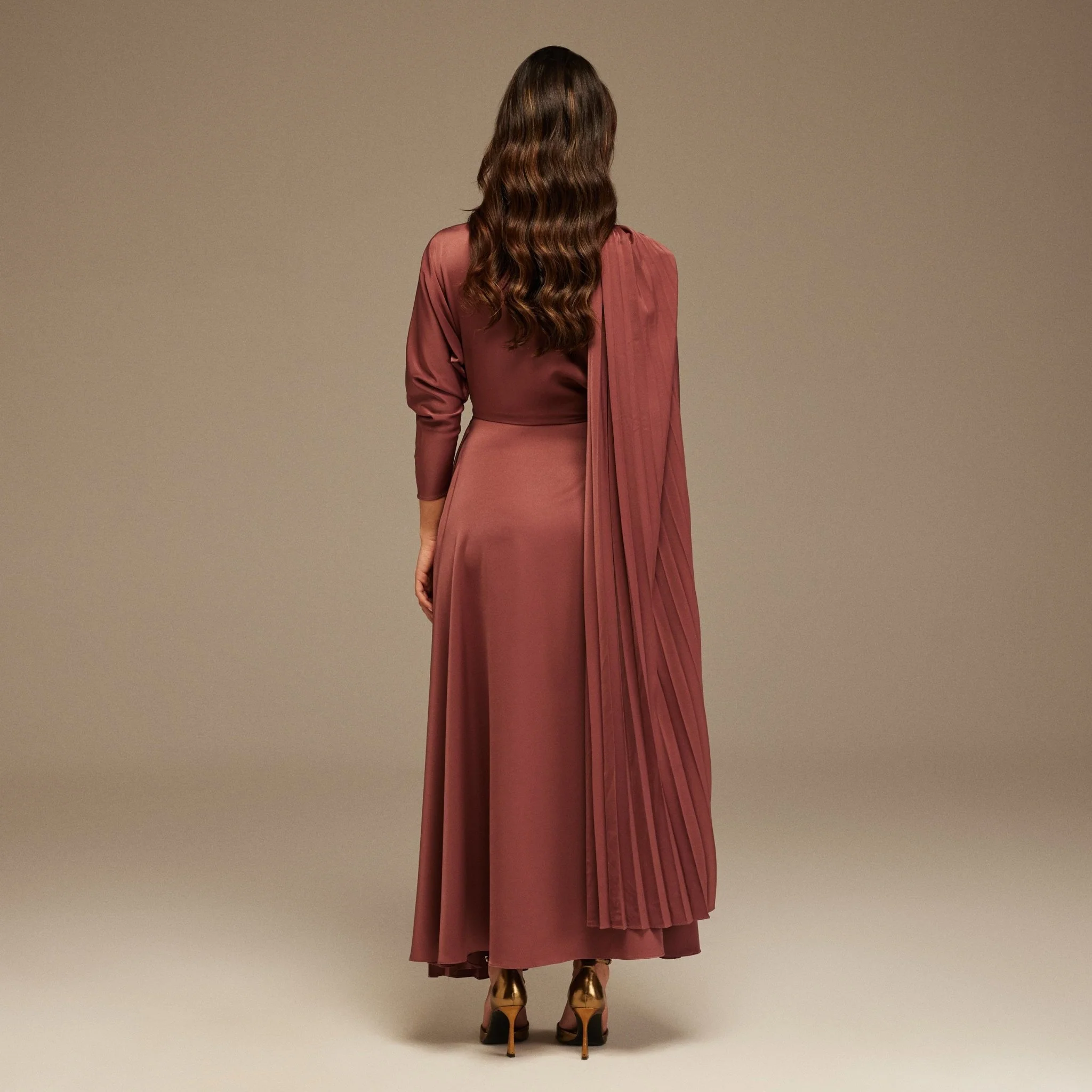 Muted Clay Long Sleeve Midi Dress With Scarf - Image 4