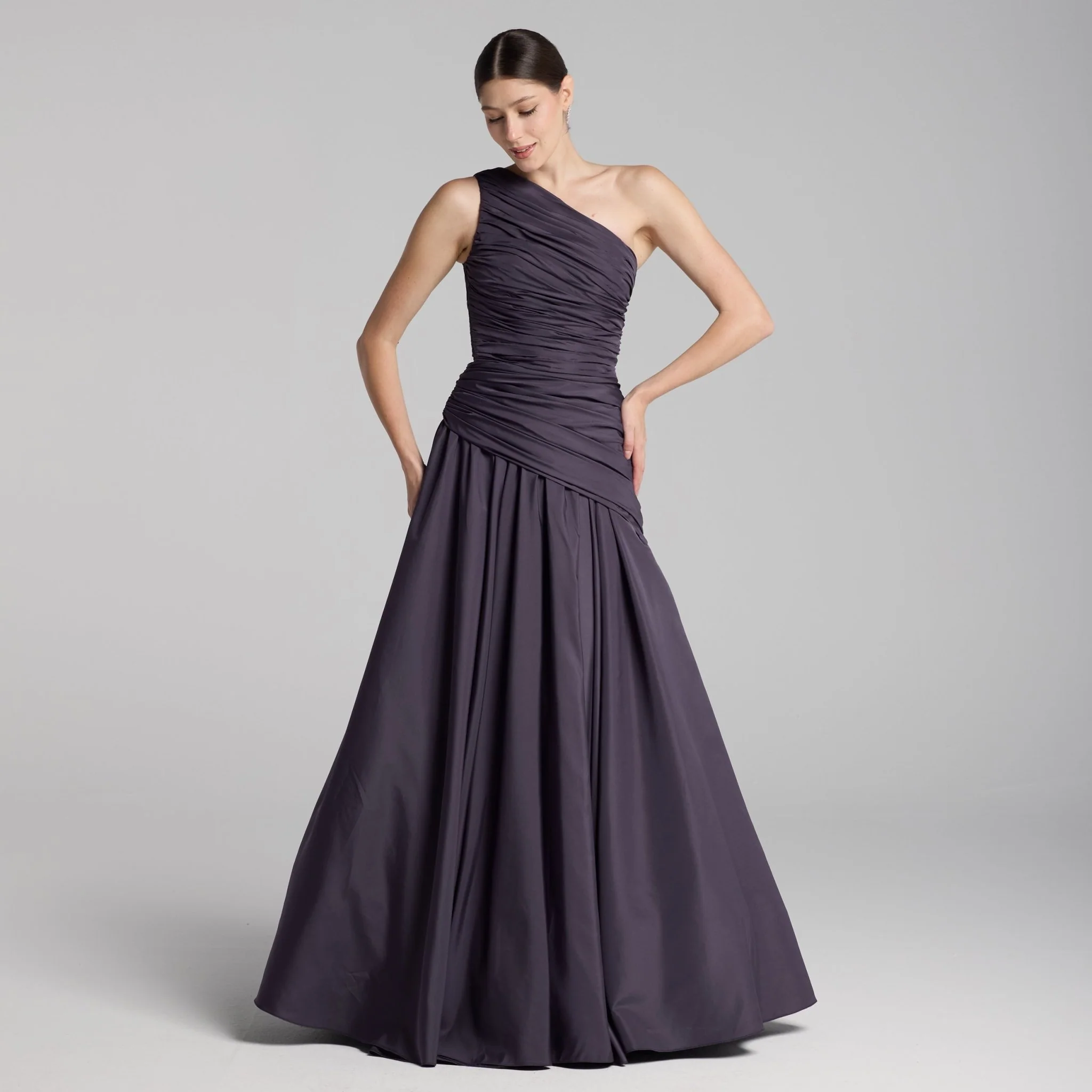 Plum One Shoulder Ruched Gown - Image 2
