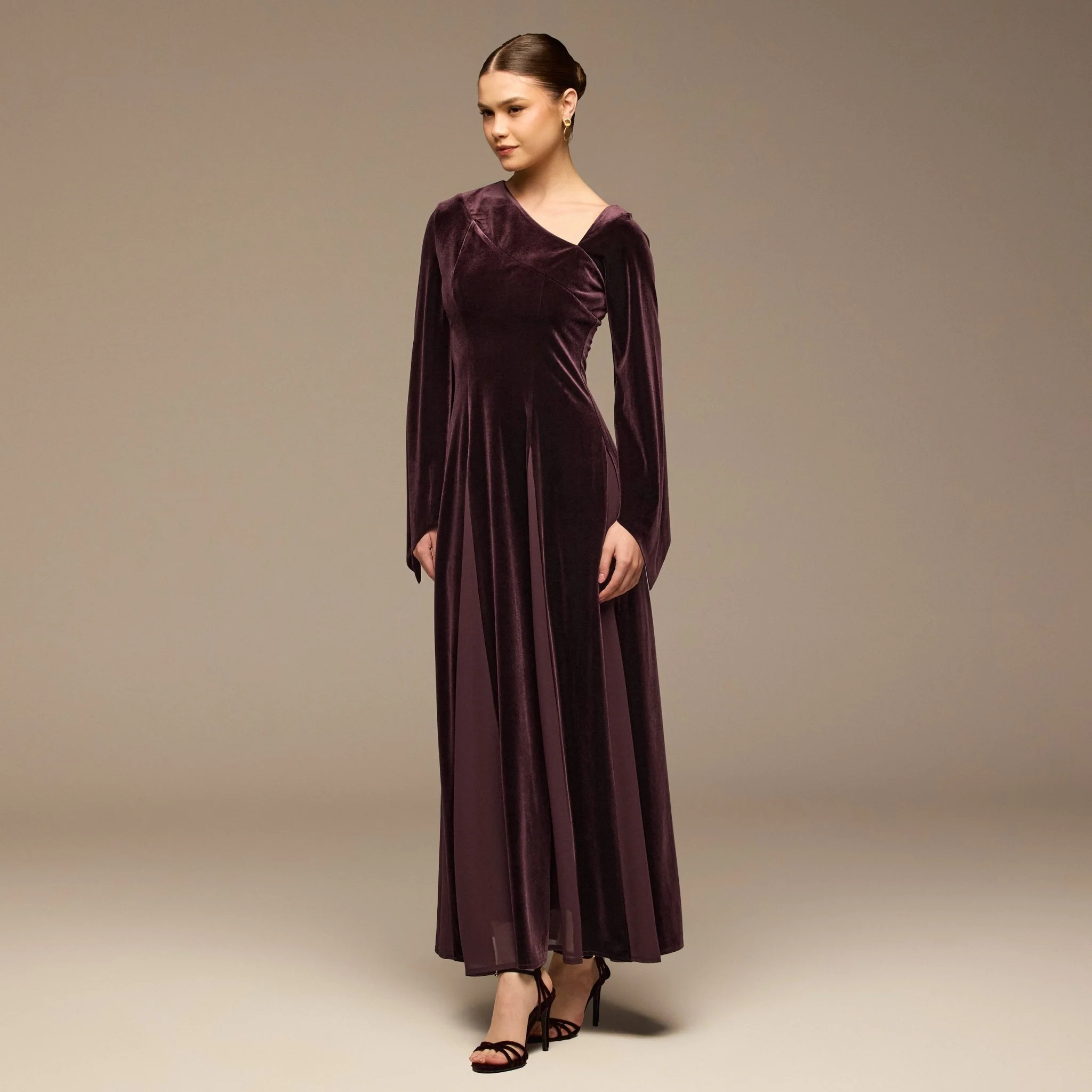 Plum Velvet Chiffon One-Shoulder Maxi Dress - Image 2