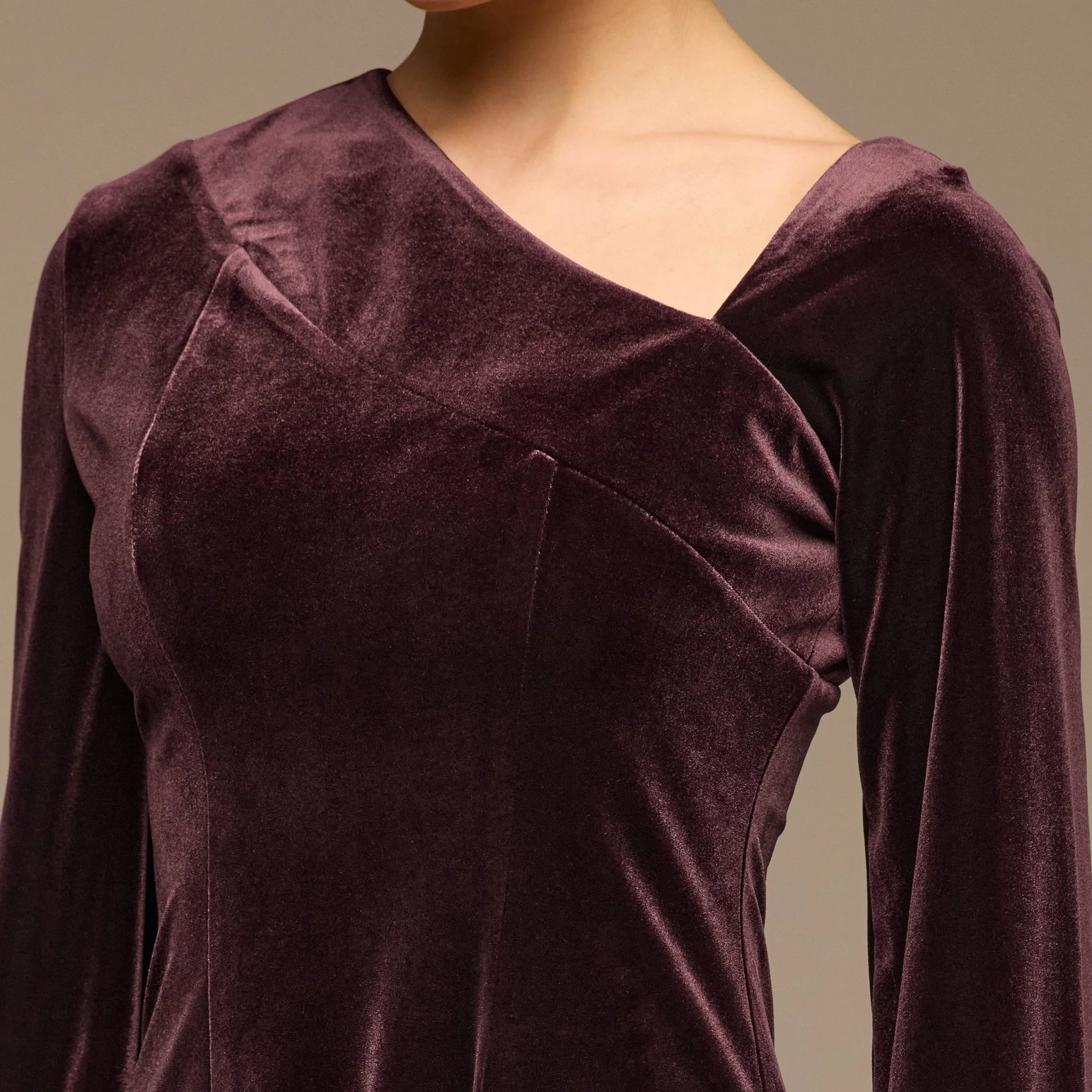 Plum Velvet Chiffon One-Shoulder Maxi Dress - Image 3