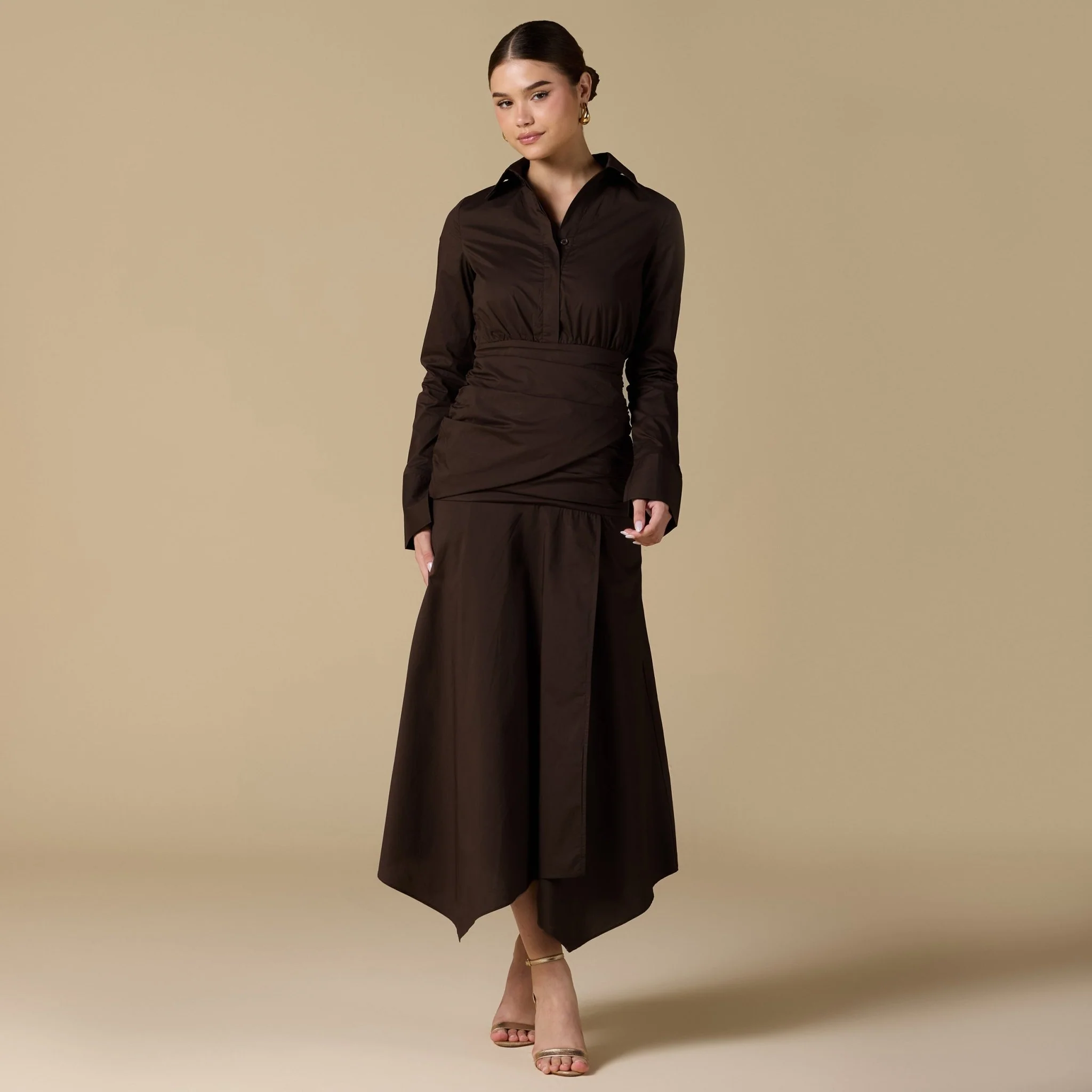 Brown Poplin Shirt Dress With Gathered Waist
