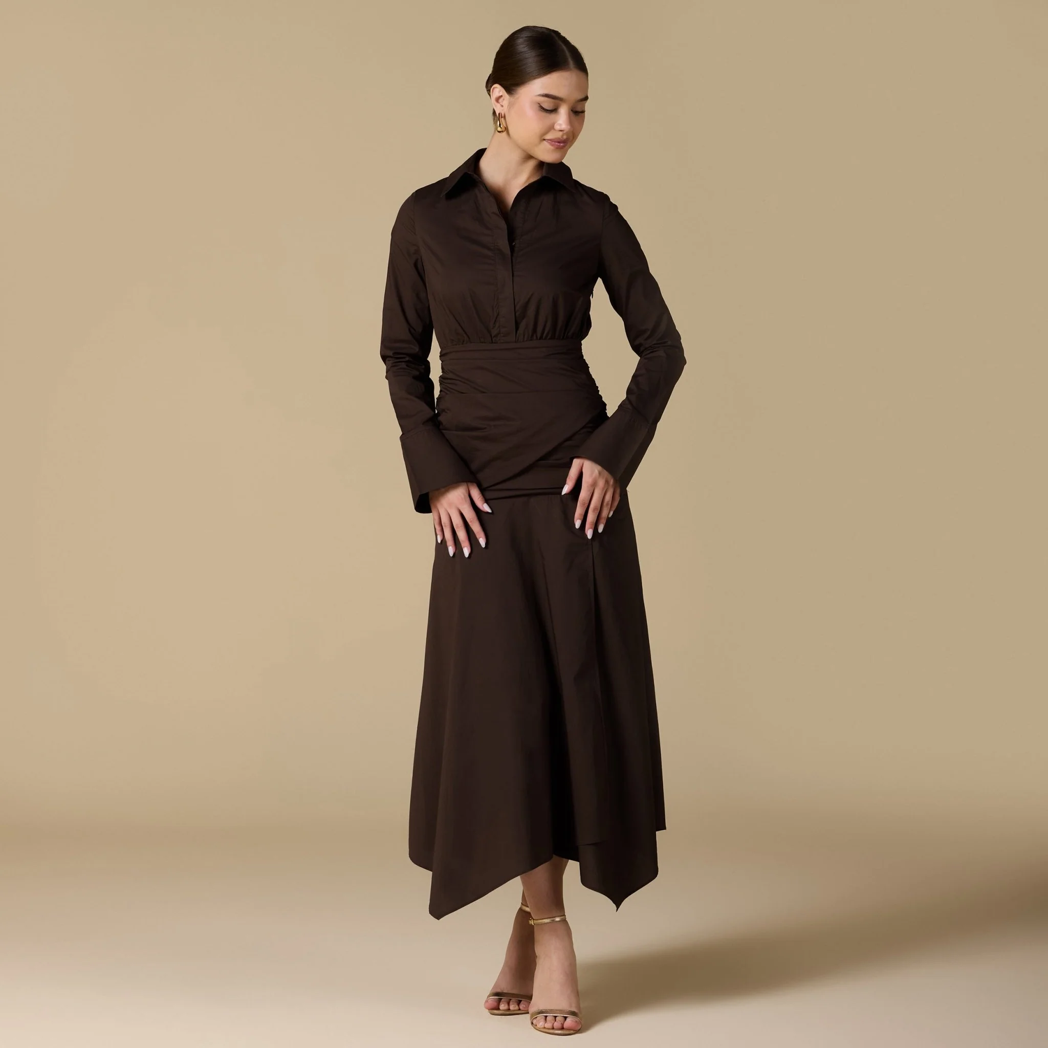 Brown Poplin Shirt Dress With Gathered Waist - Image 2