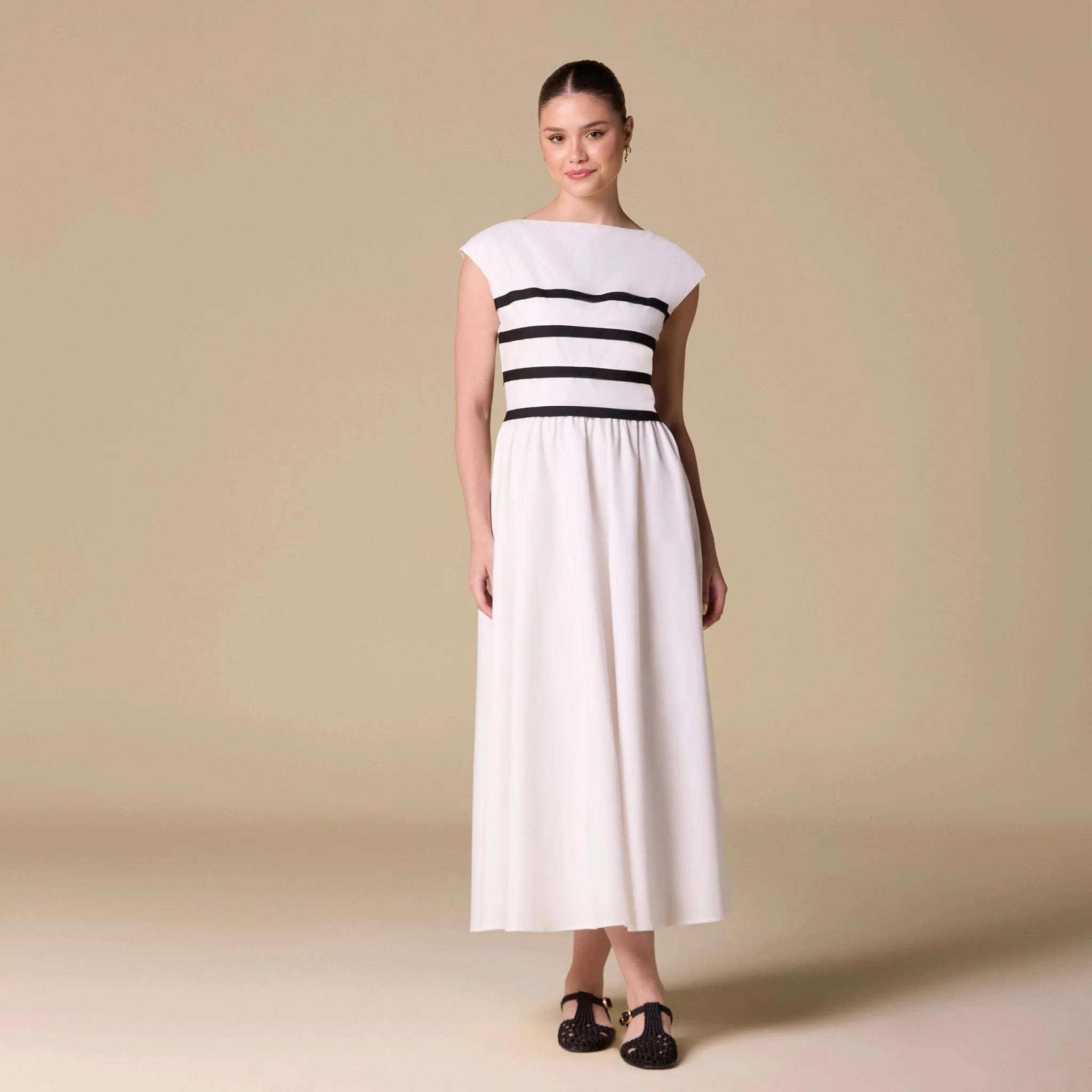 White Poplin Striped Flared A Line Midi Dress