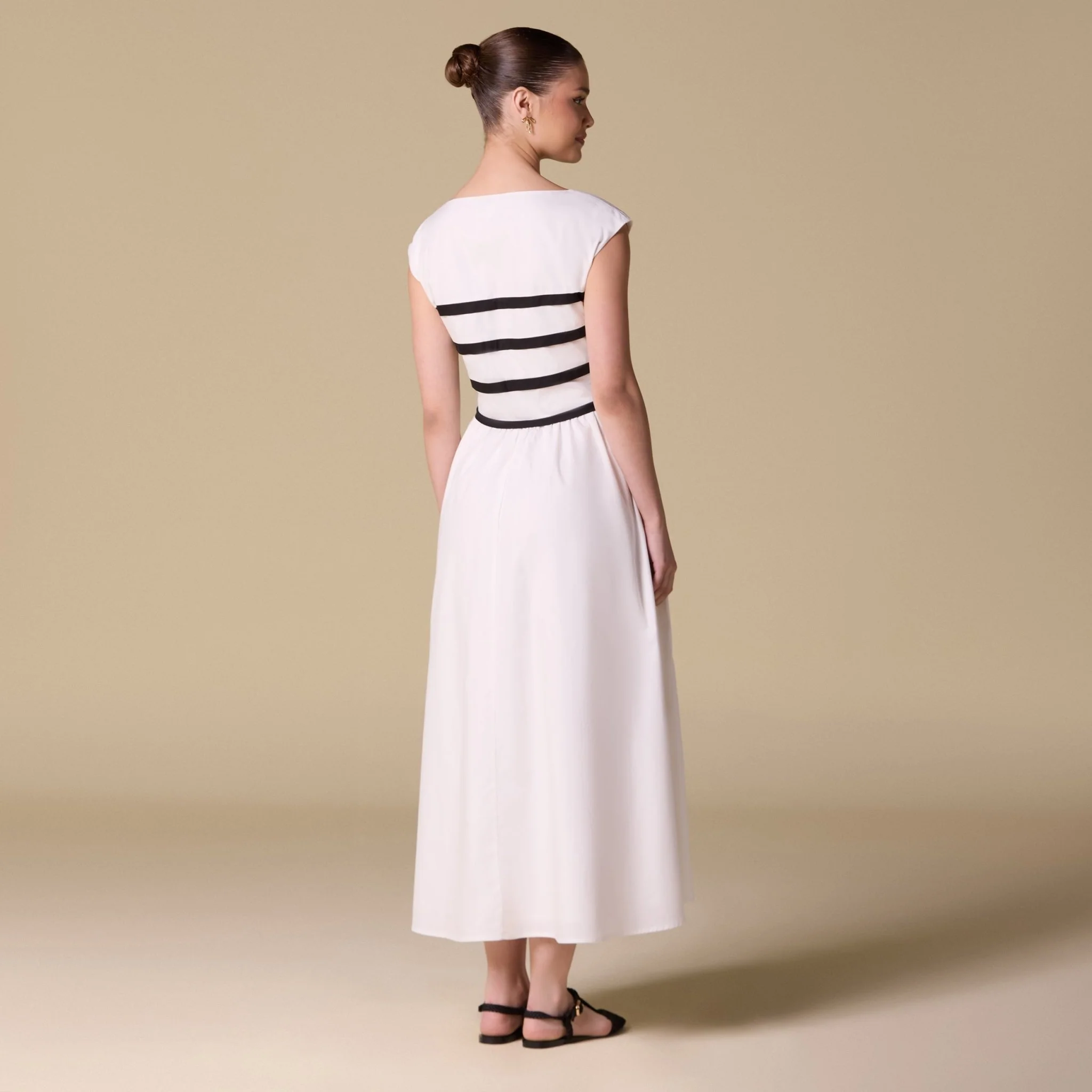 White Poplin Striped Flared A Line Midi Dress - Image 4