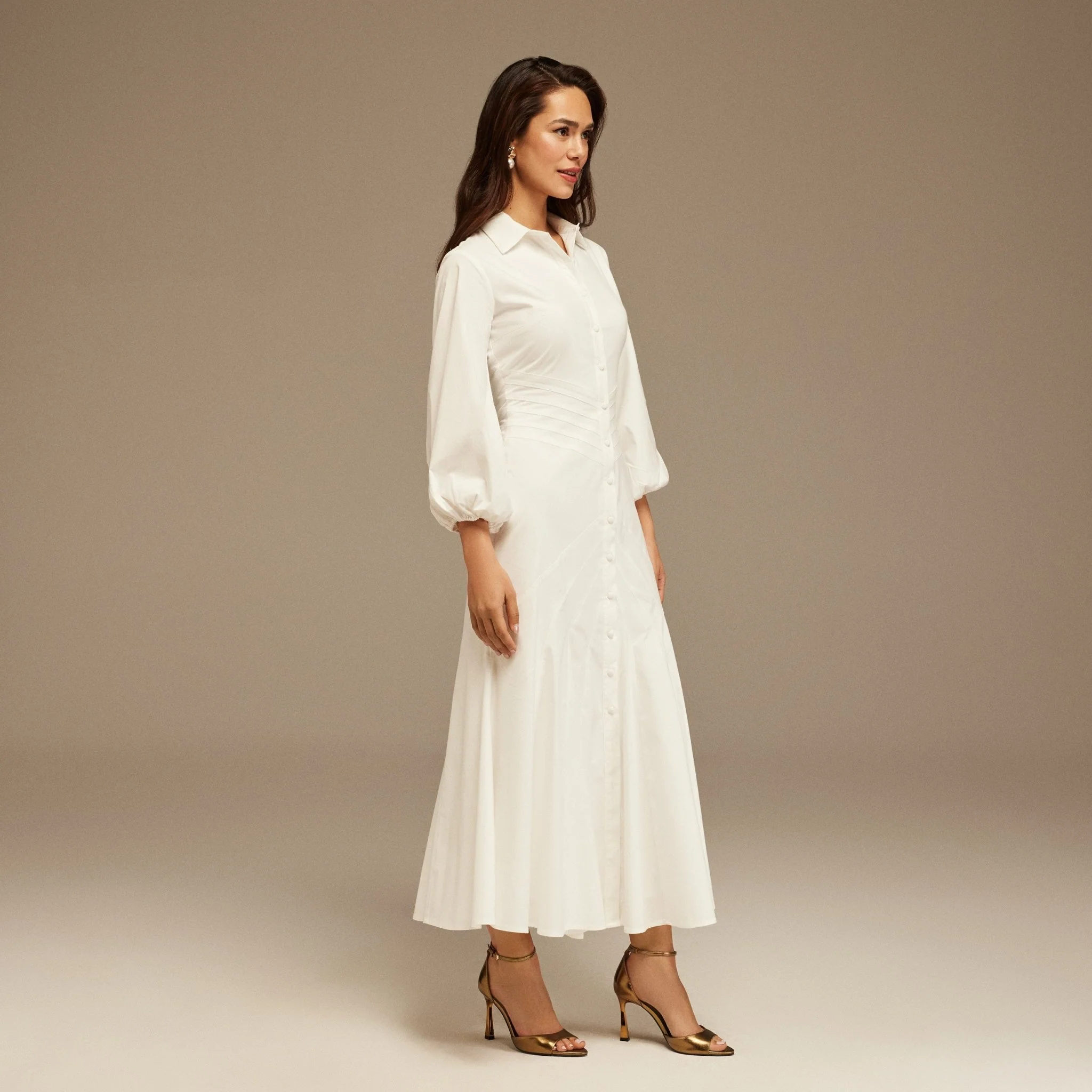 Puff Long Sleeves Stitched Waist Poplin Dress - Image 2