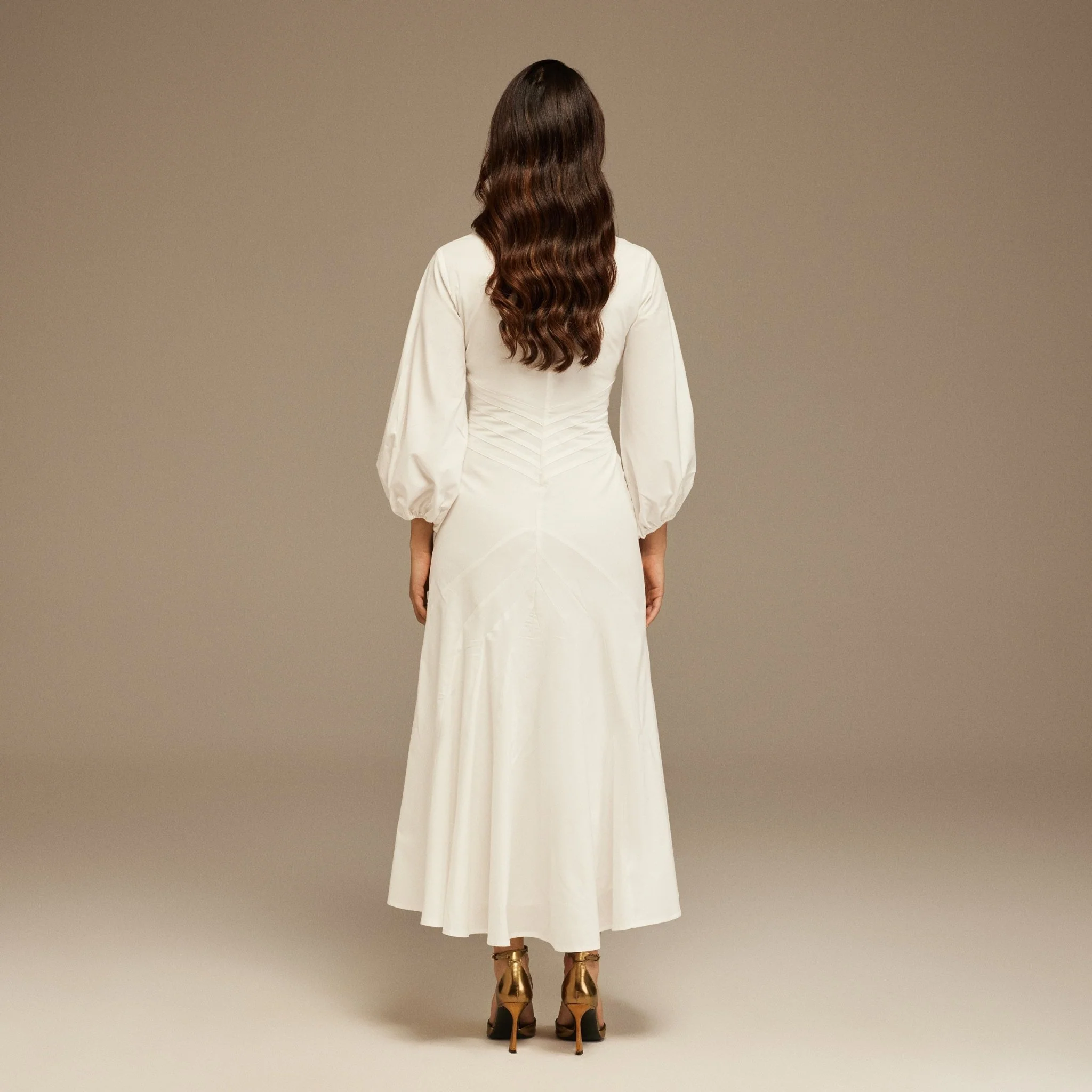 Puff Long Sleeves Stitched Waist Poplin Dress - Image 4