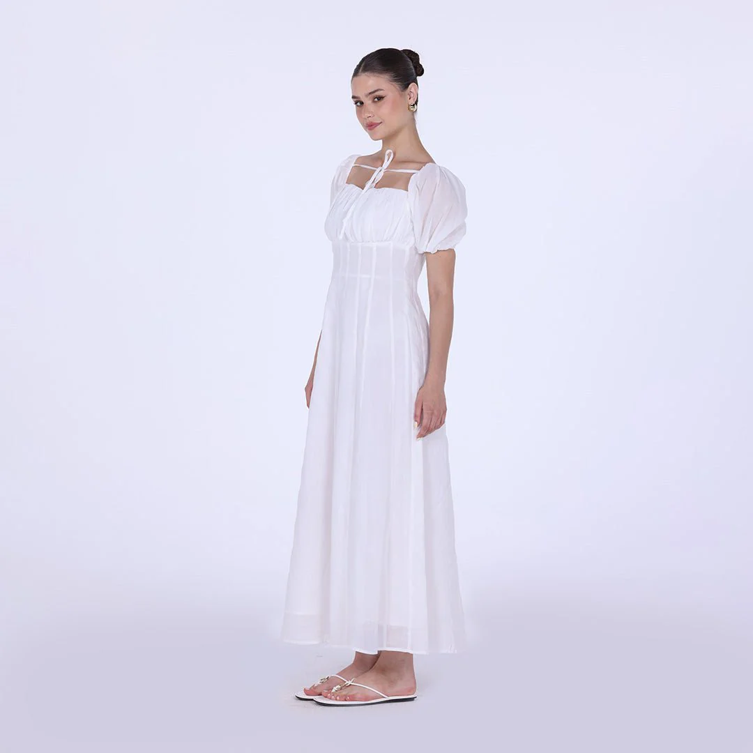 White Cotton Puff Short Sleeve Maxi Dress - Image 2