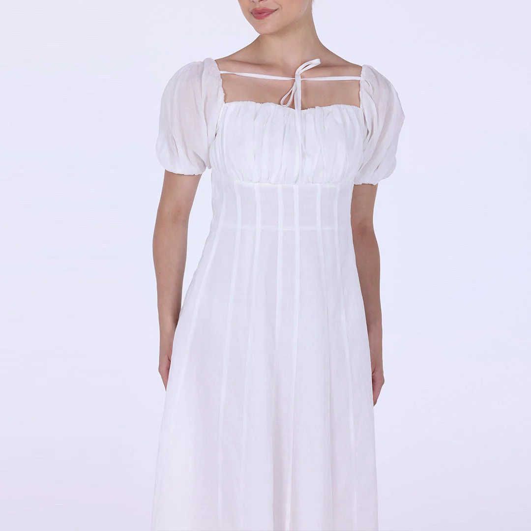 White Cotton Puff Short Sleeve Maxi Dress - Image 3