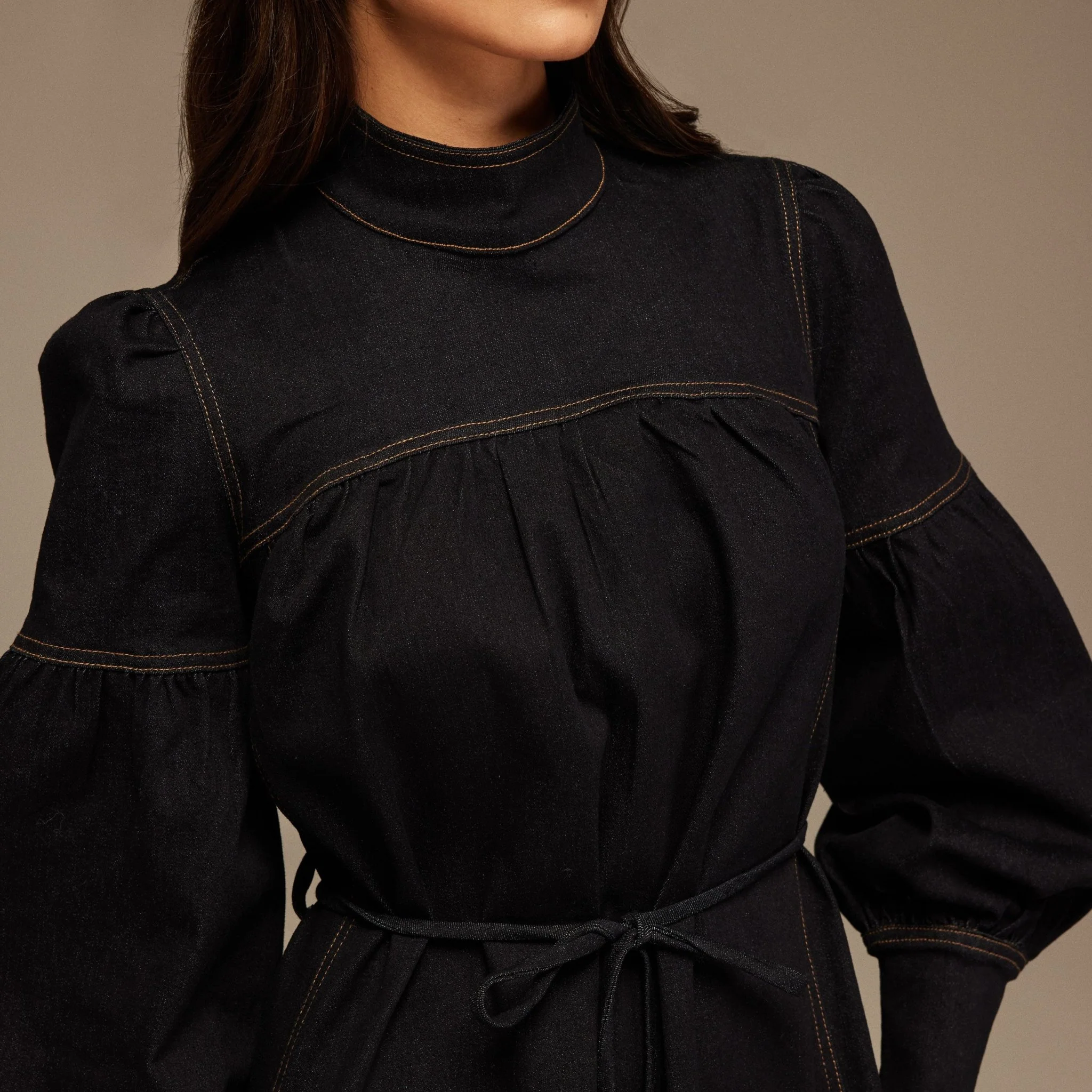 Denim Puff Sleeve Tie Neck Midi Dress - Image 3