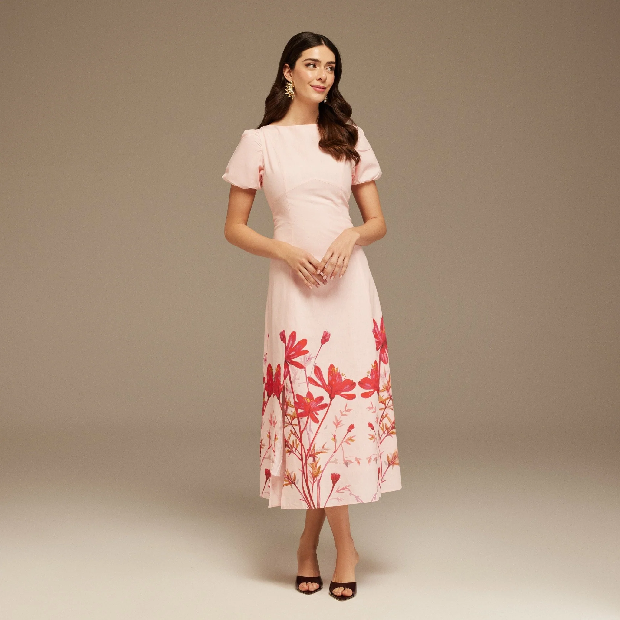 Puffy Sleeve Midi Dress With Printed Hem