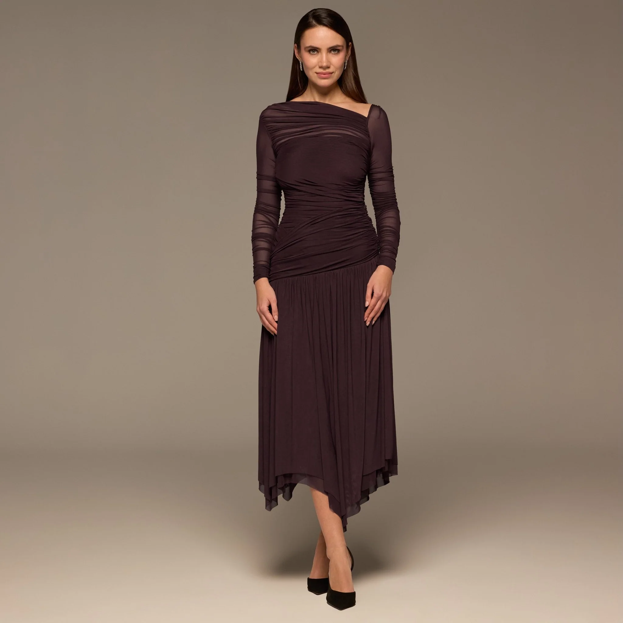 Purple Asymmetric Ruched Tulle Maxi Dress