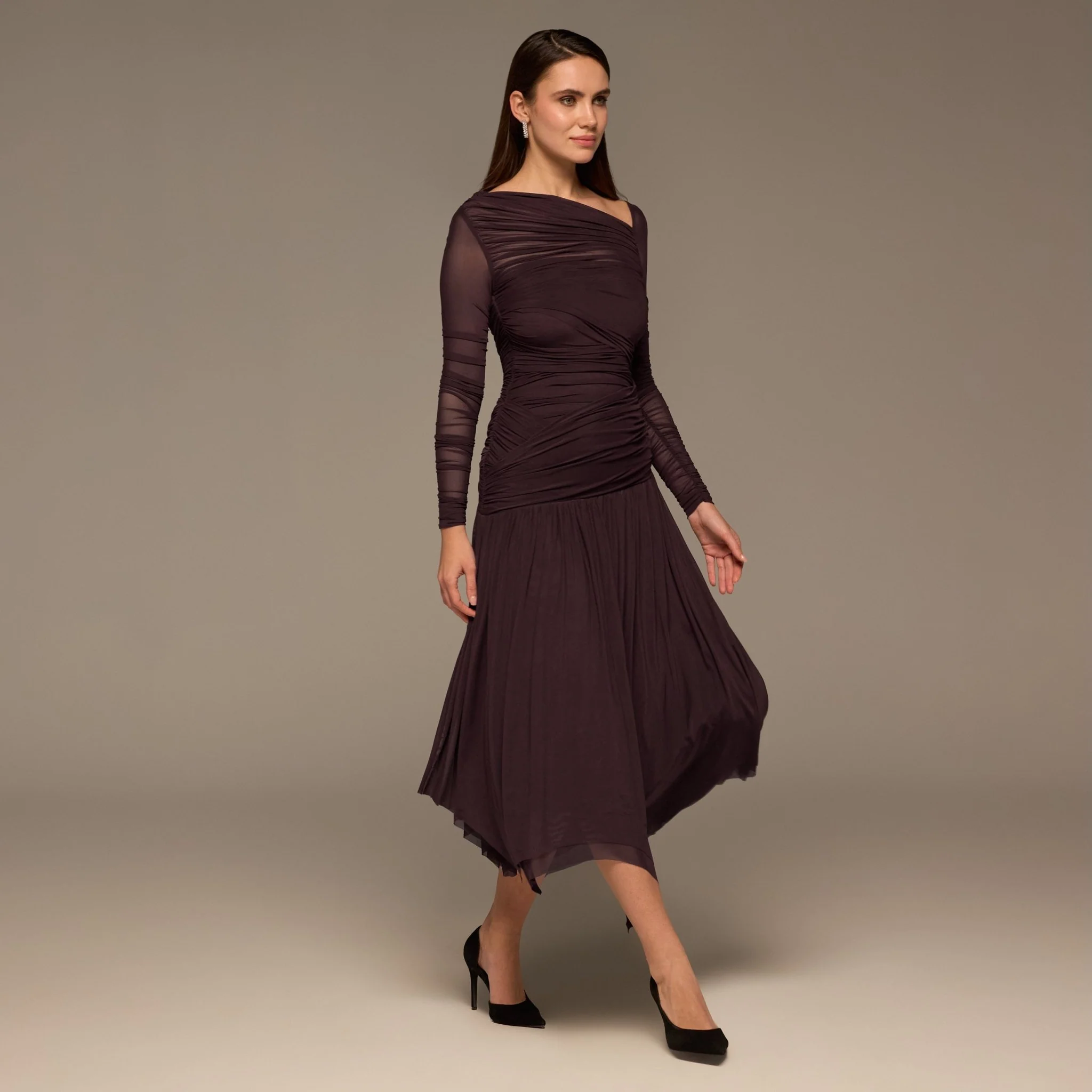 Purple Asymmetric Ruched Tulle Maxi Dress - Image 2