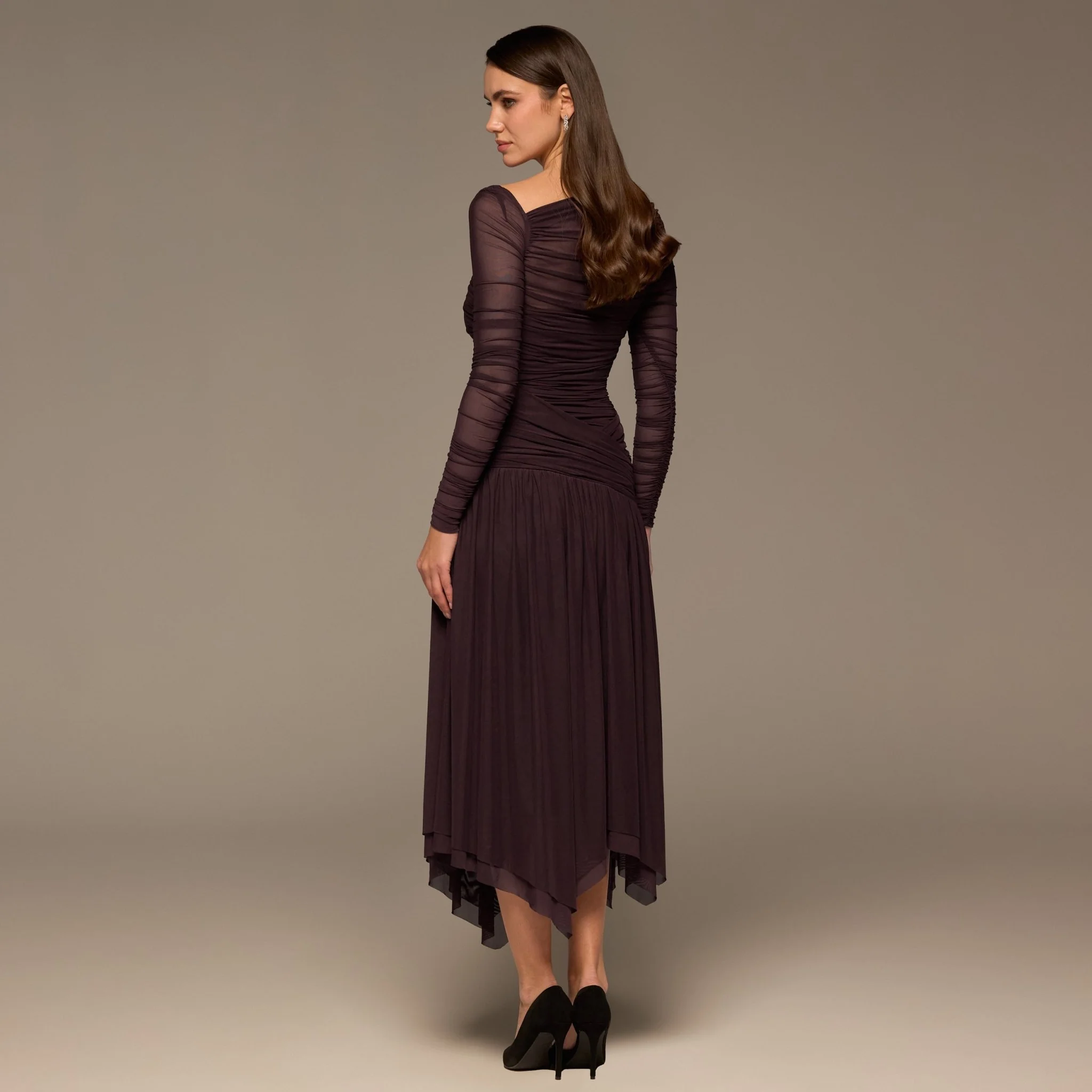 Purple Asymmetric Ruched Tulle Maxi Dress - Image 4