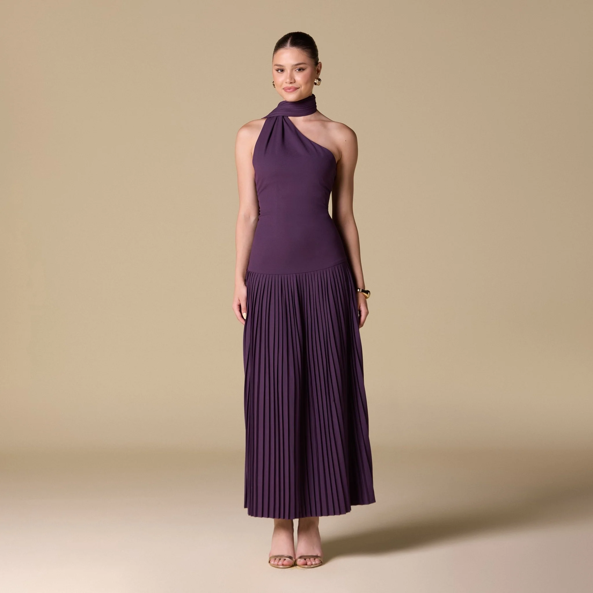 Crepe Pleated Scarf Maxi Dress