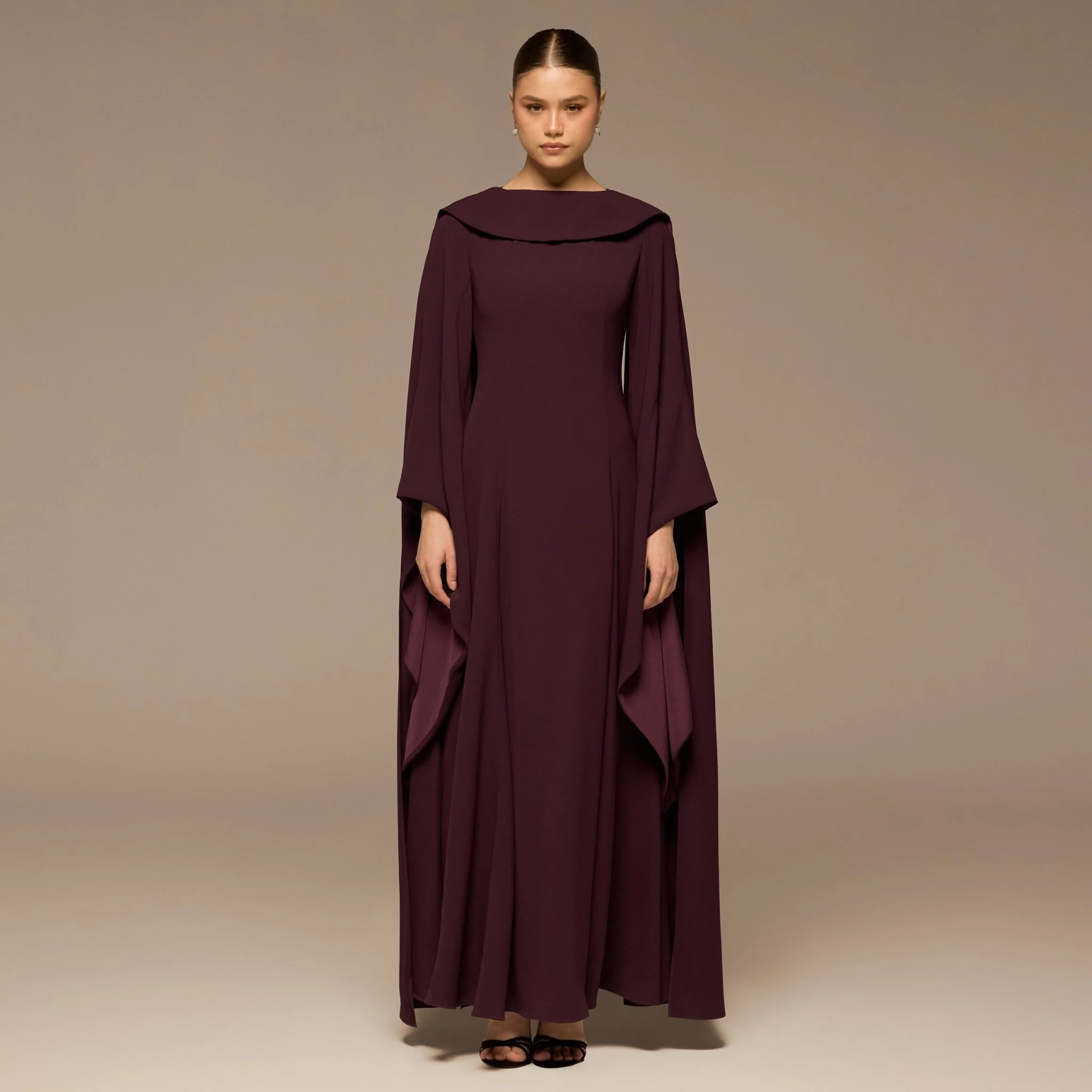 Purple Crepe Folded Collar Cape Dress