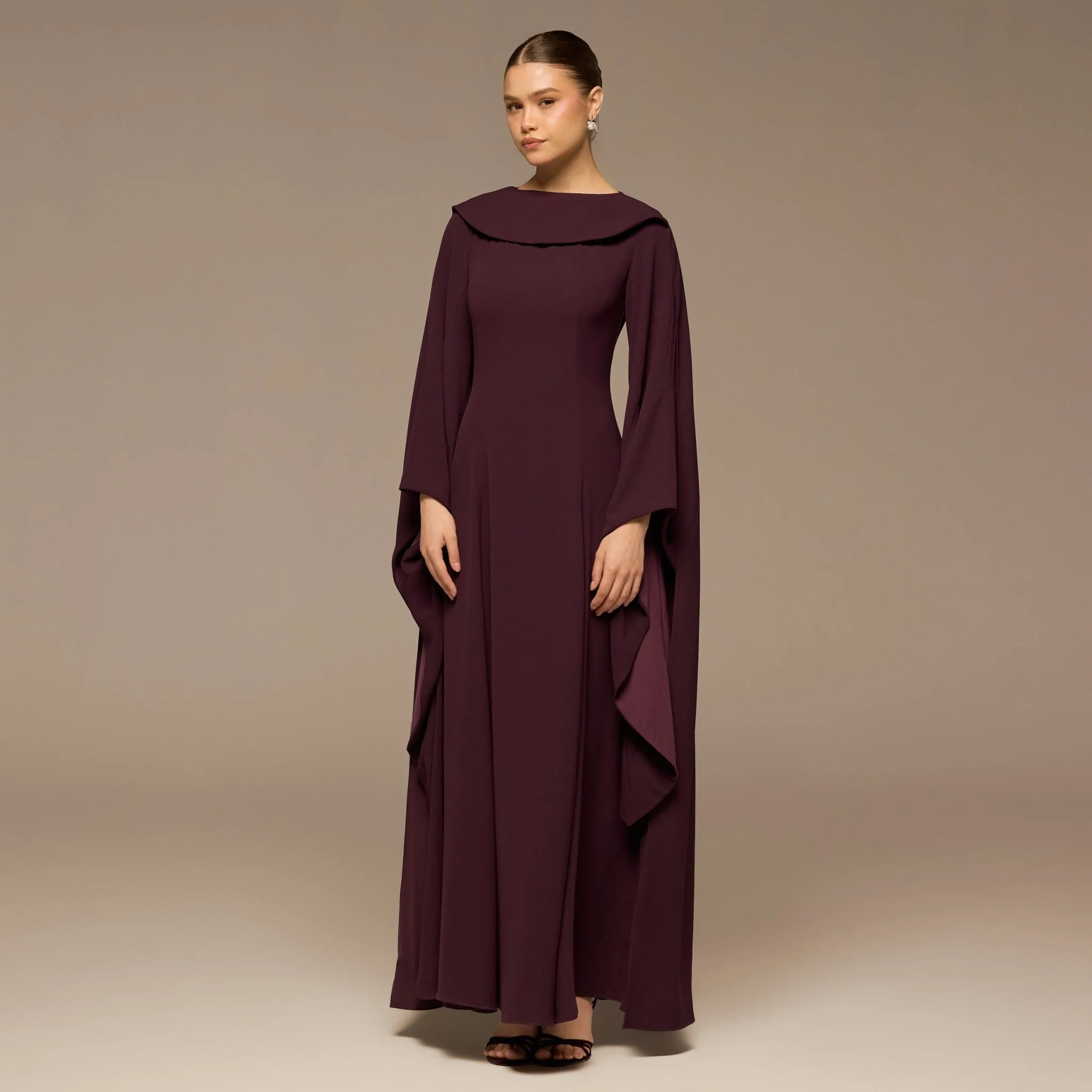 Purple Crepe Folded Collar Cape Dress - Image 2