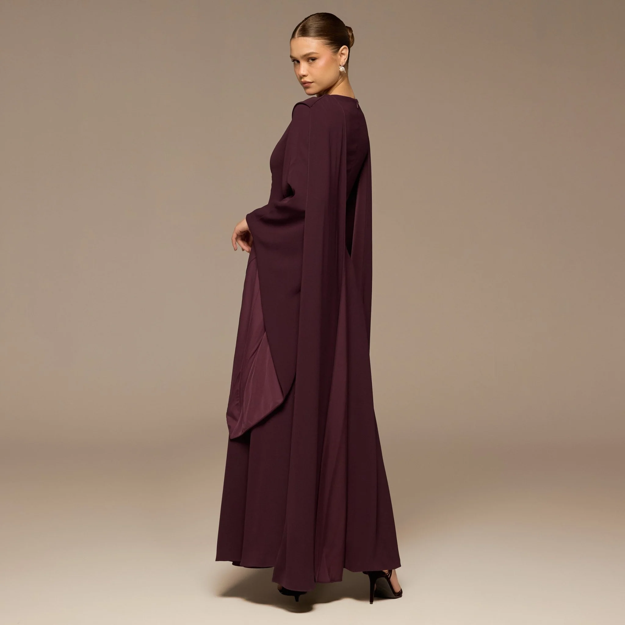 Purple Crepe Folded Collar Cape Dress - Image 4