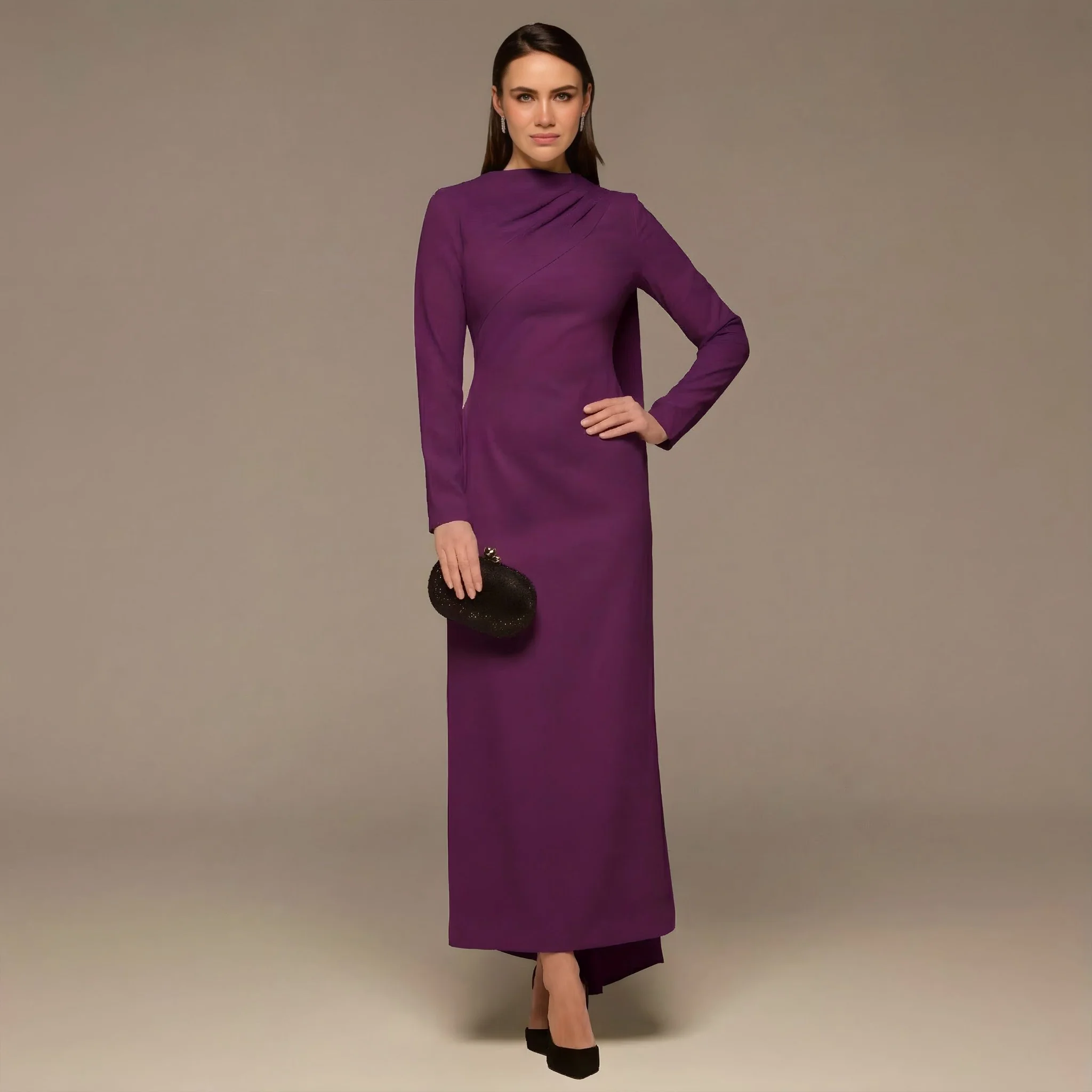 Purple Crepe Draped Dress with Scarf