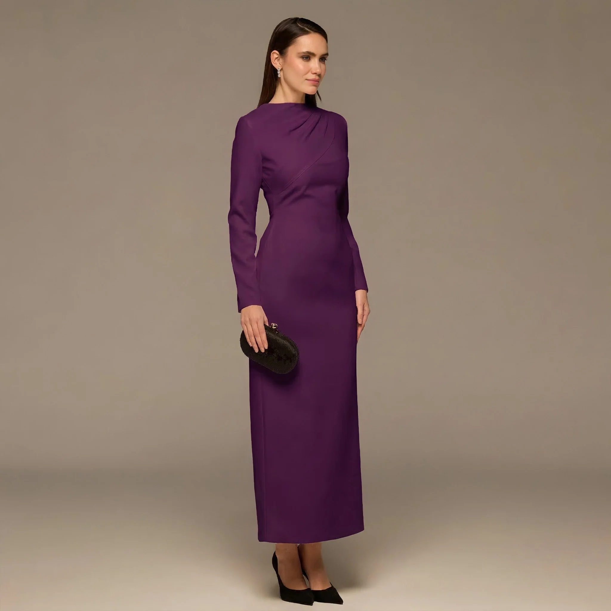 Purple Crepe Draped Dress with Scarf - Image 3