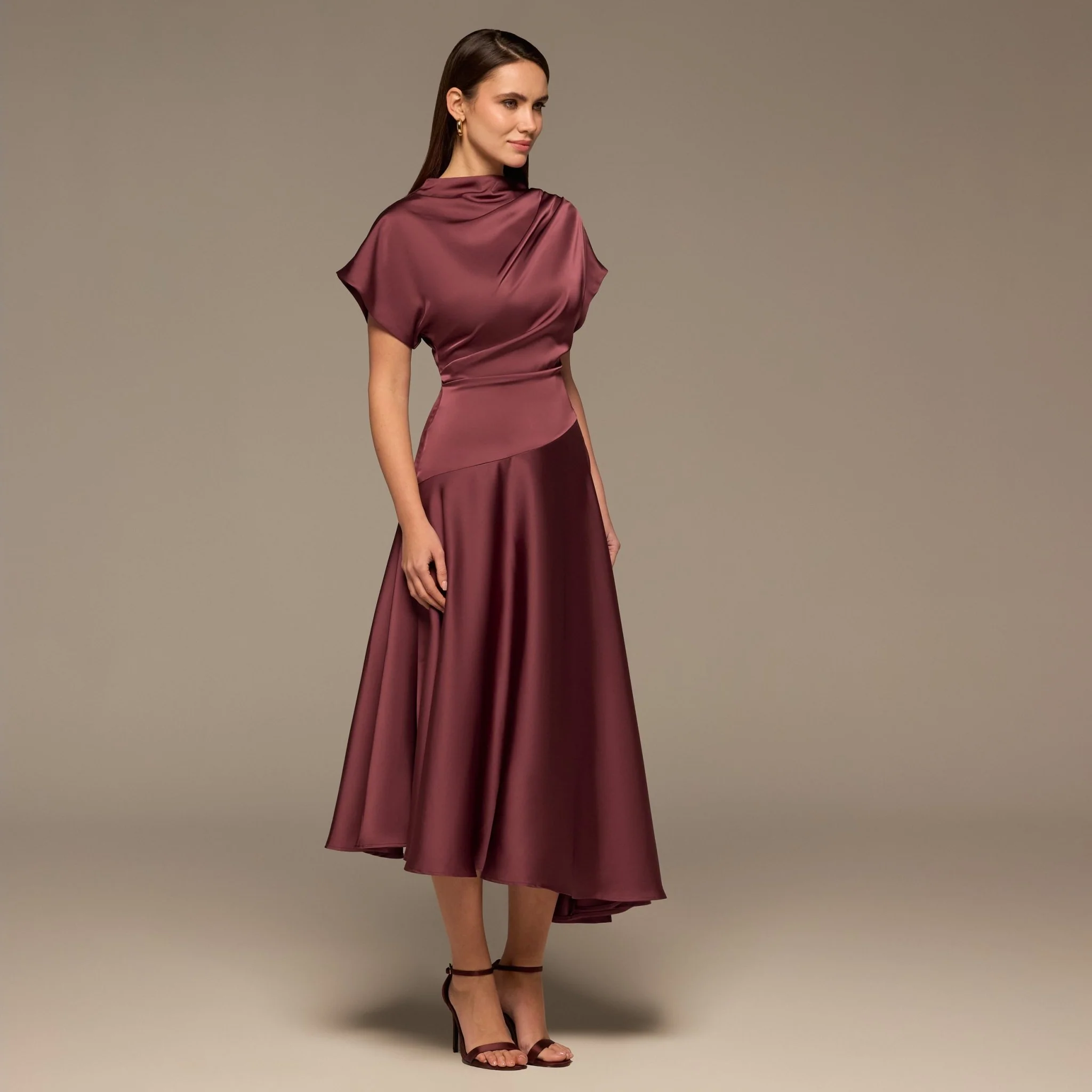 Short Sleeve Asymmetric Satin Dress - Image 2
