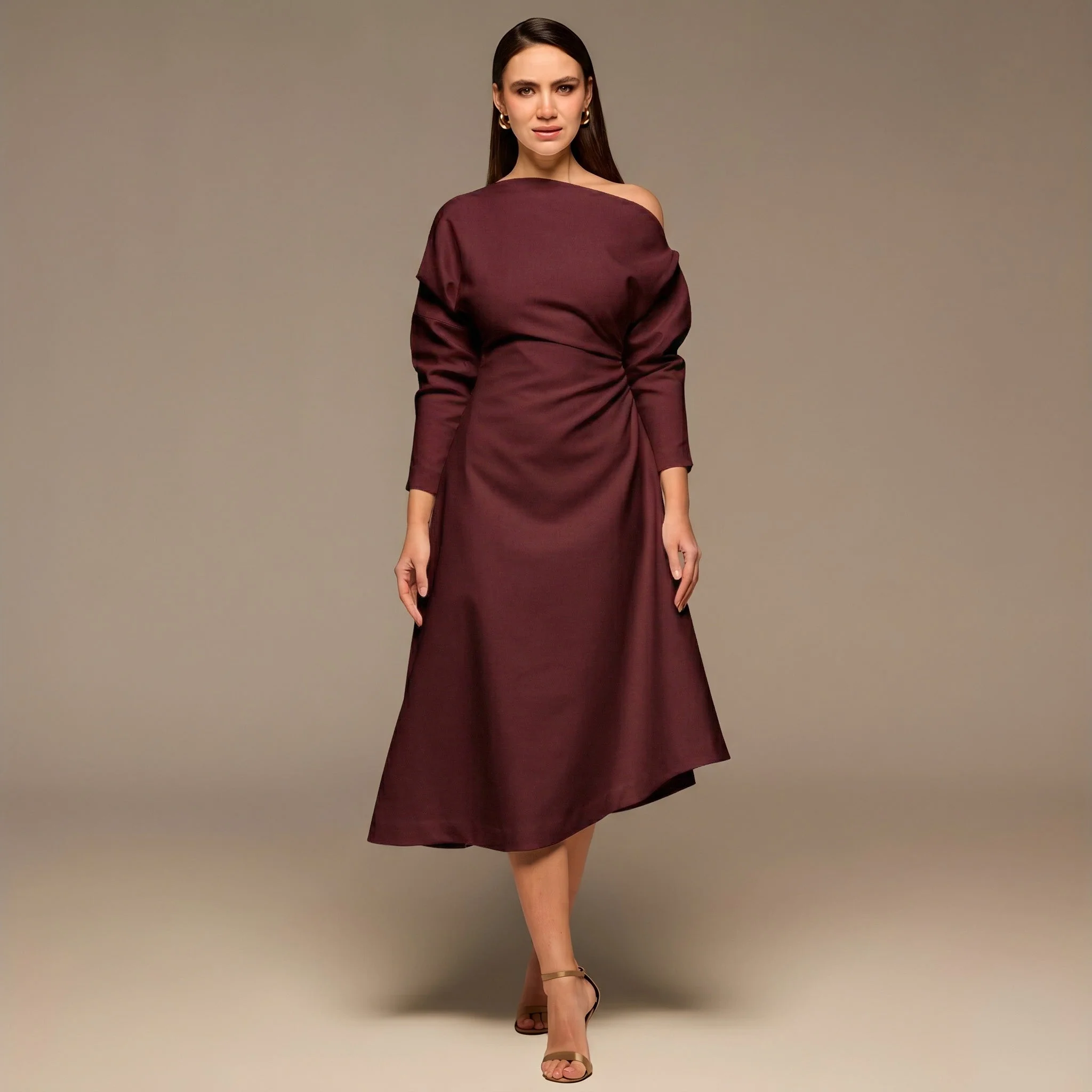 Burgundy Asymmetric Off Shoulder Maxi Dress