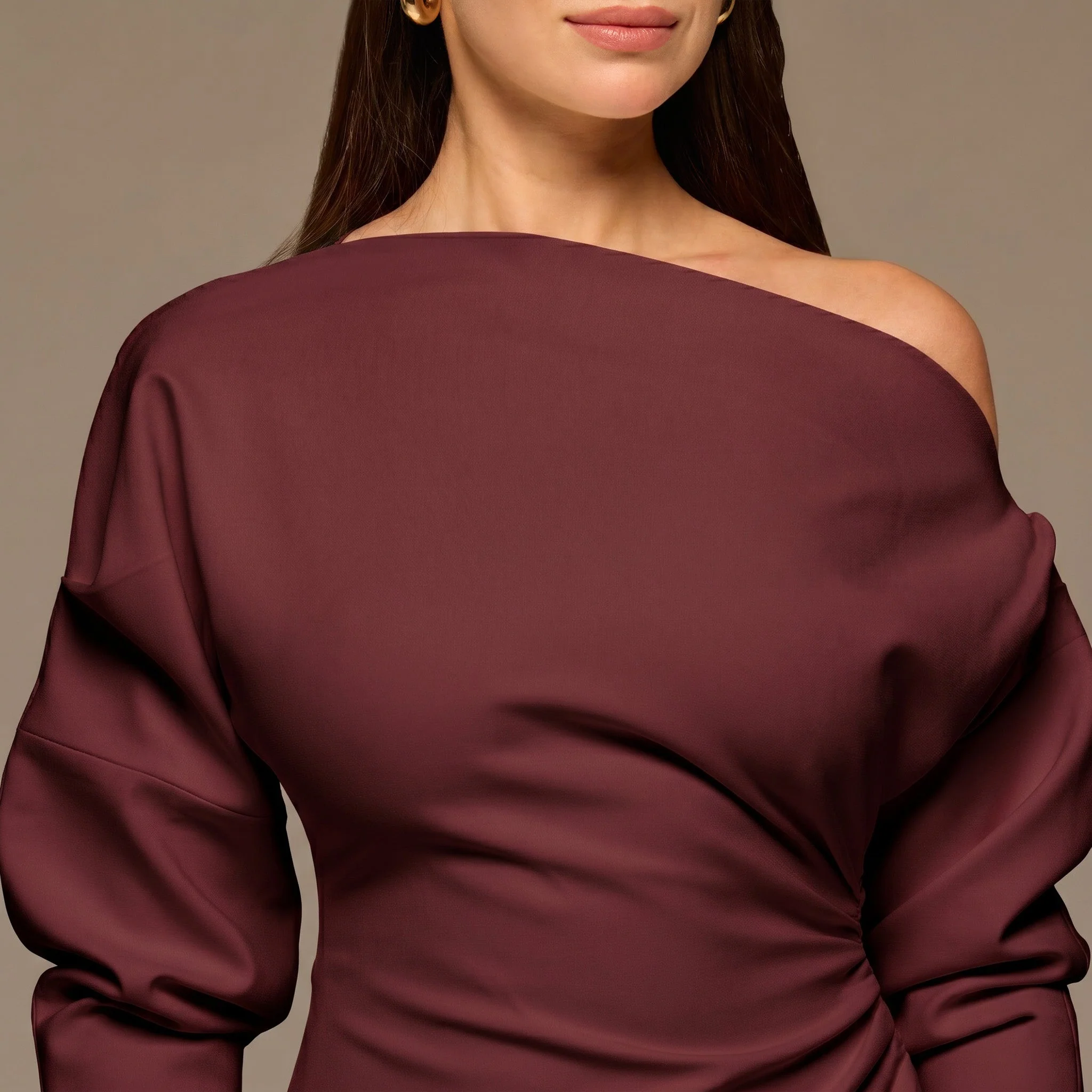 Burgundy Asymmetric Off Shoulder Maxi Dress - Image 3