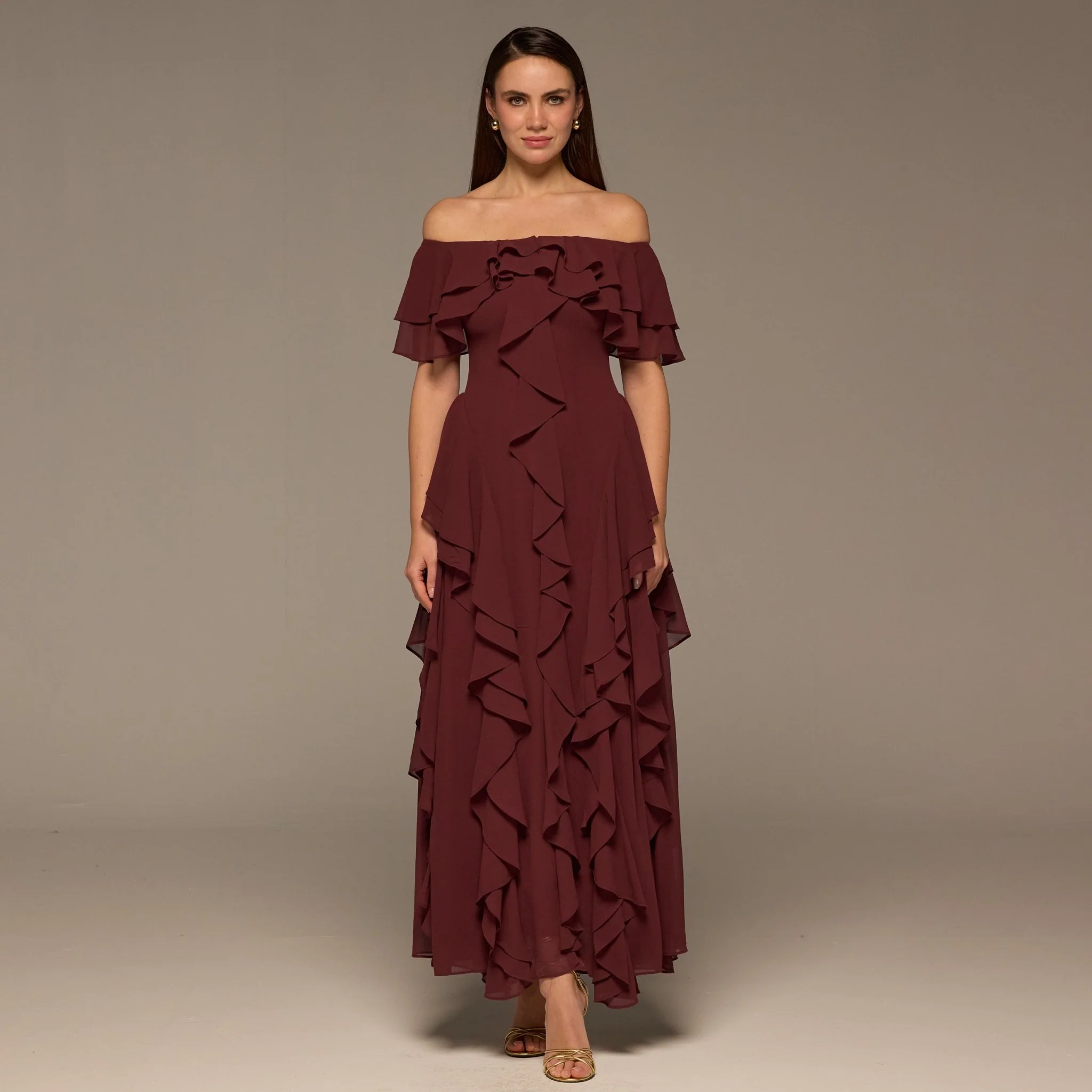 Plum Chiffon Off Shoulder Maxi Dress With Ruffles