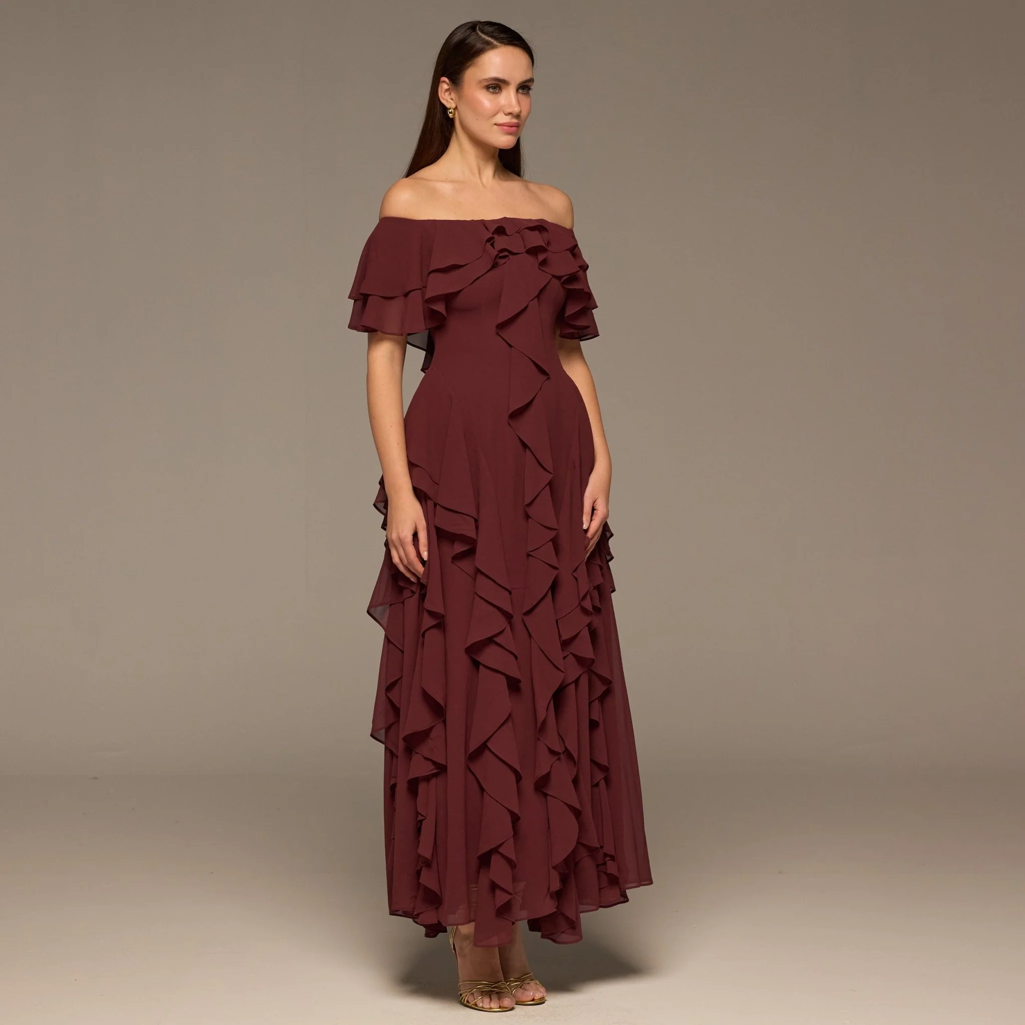 Plum Chiffon Off Shoulder Maxi Dress With Ruffles - Image 2