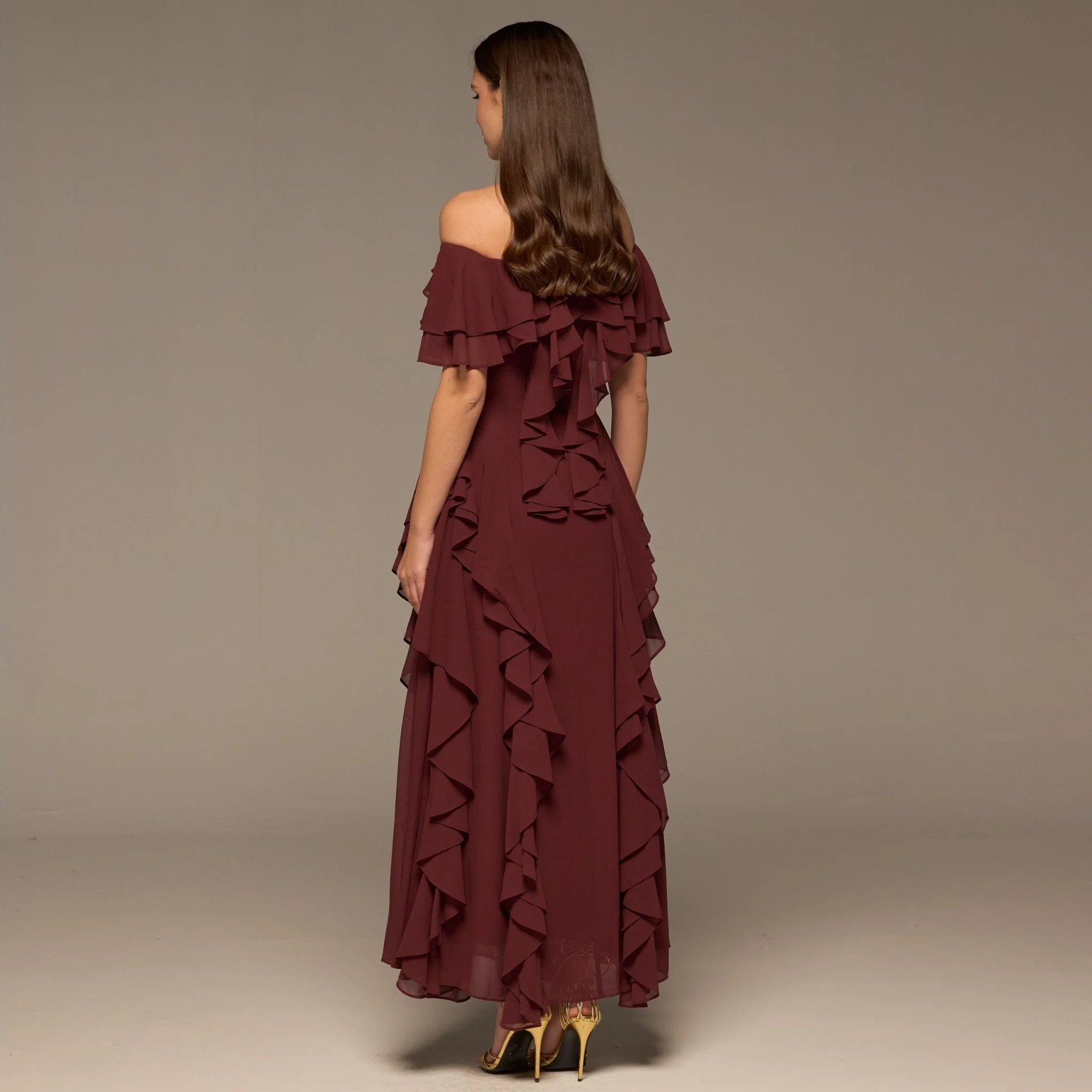 Plum Chiffon Off Shoulder Maxi Dress With Ruffles - Image 4