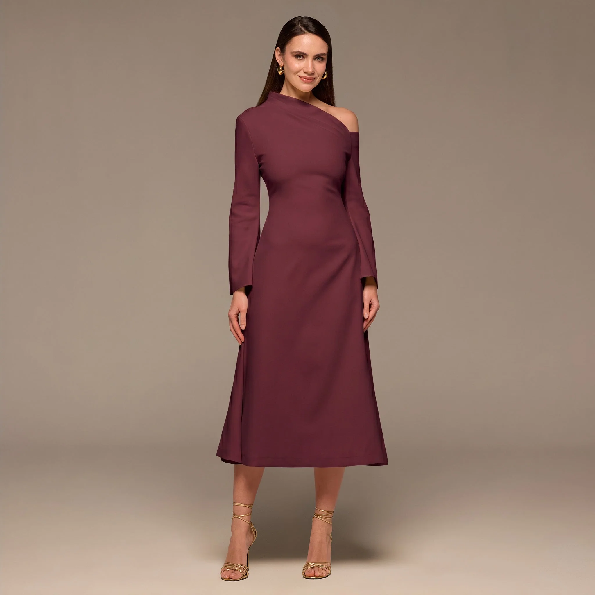 Plum Bare Shoulder Crepe Midi Dress