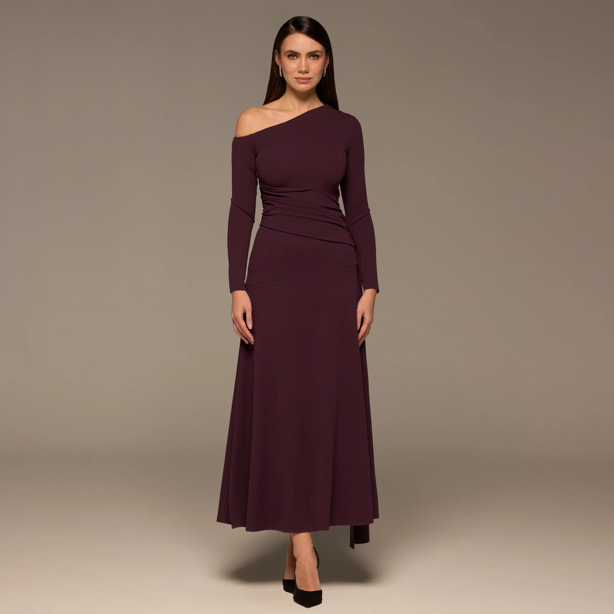 Purple One-Shoulder Drape Waist Crepe Dress