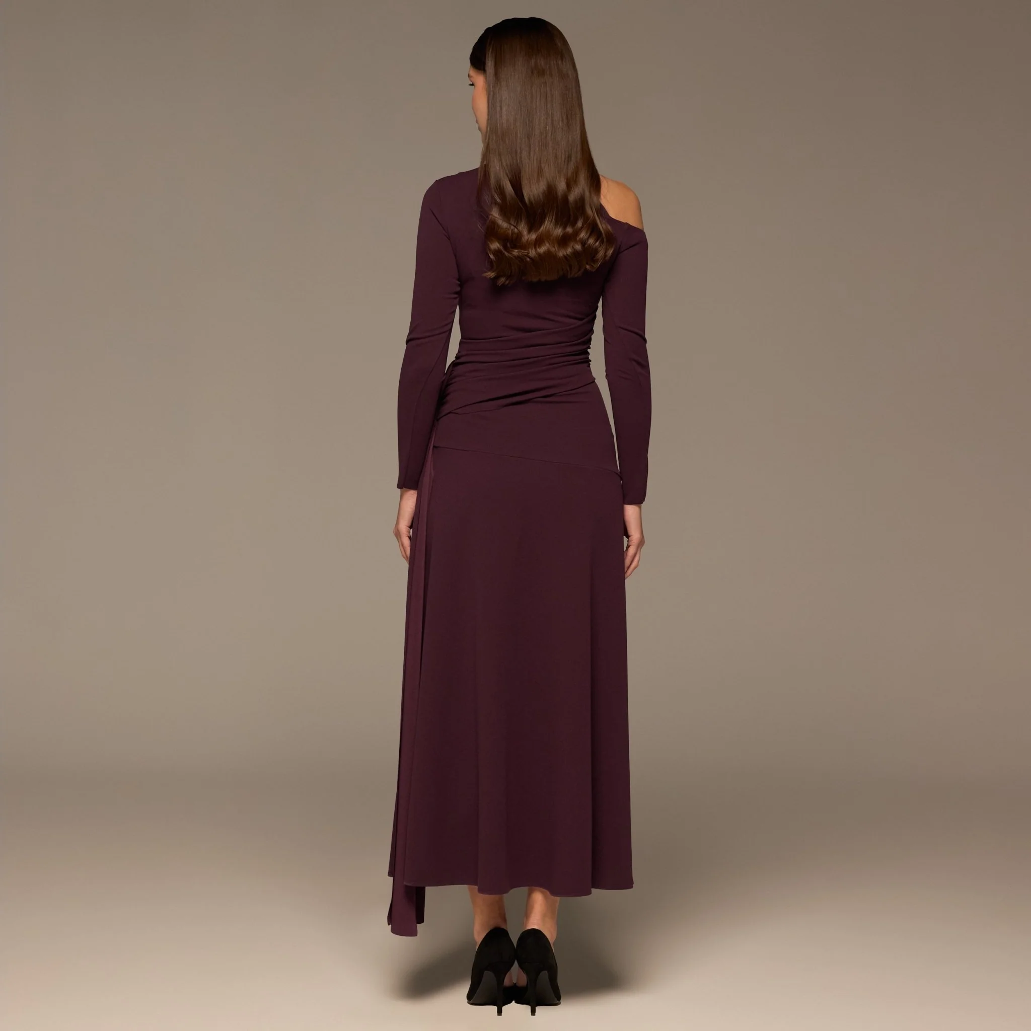 Purple One-Shoulder Drape Waist Crepe Dress - Image 4