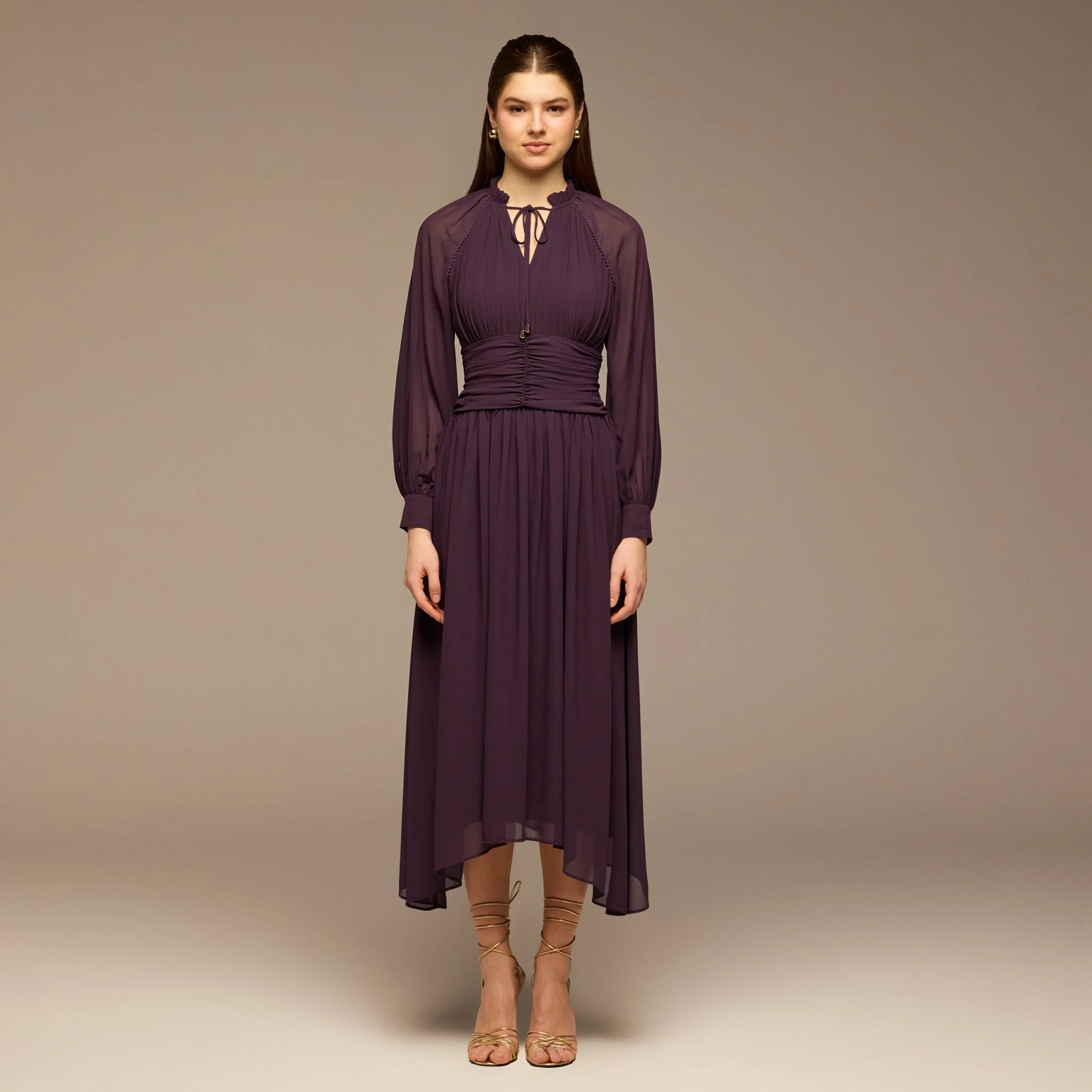 Purple Gathered Waist Chiffon Maxi Dress