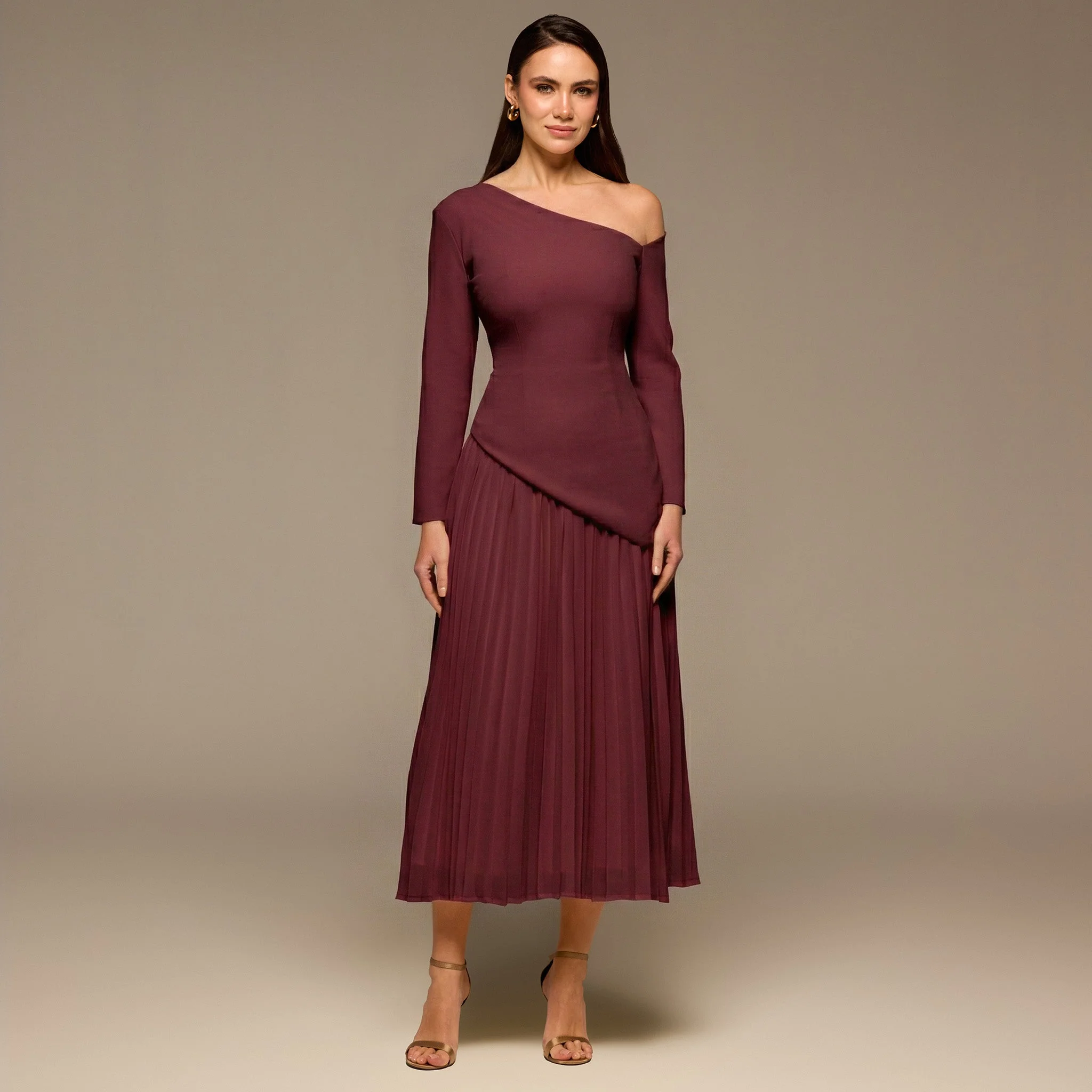 Plum One-shoulder Crepe Dress With Pleated Skirt