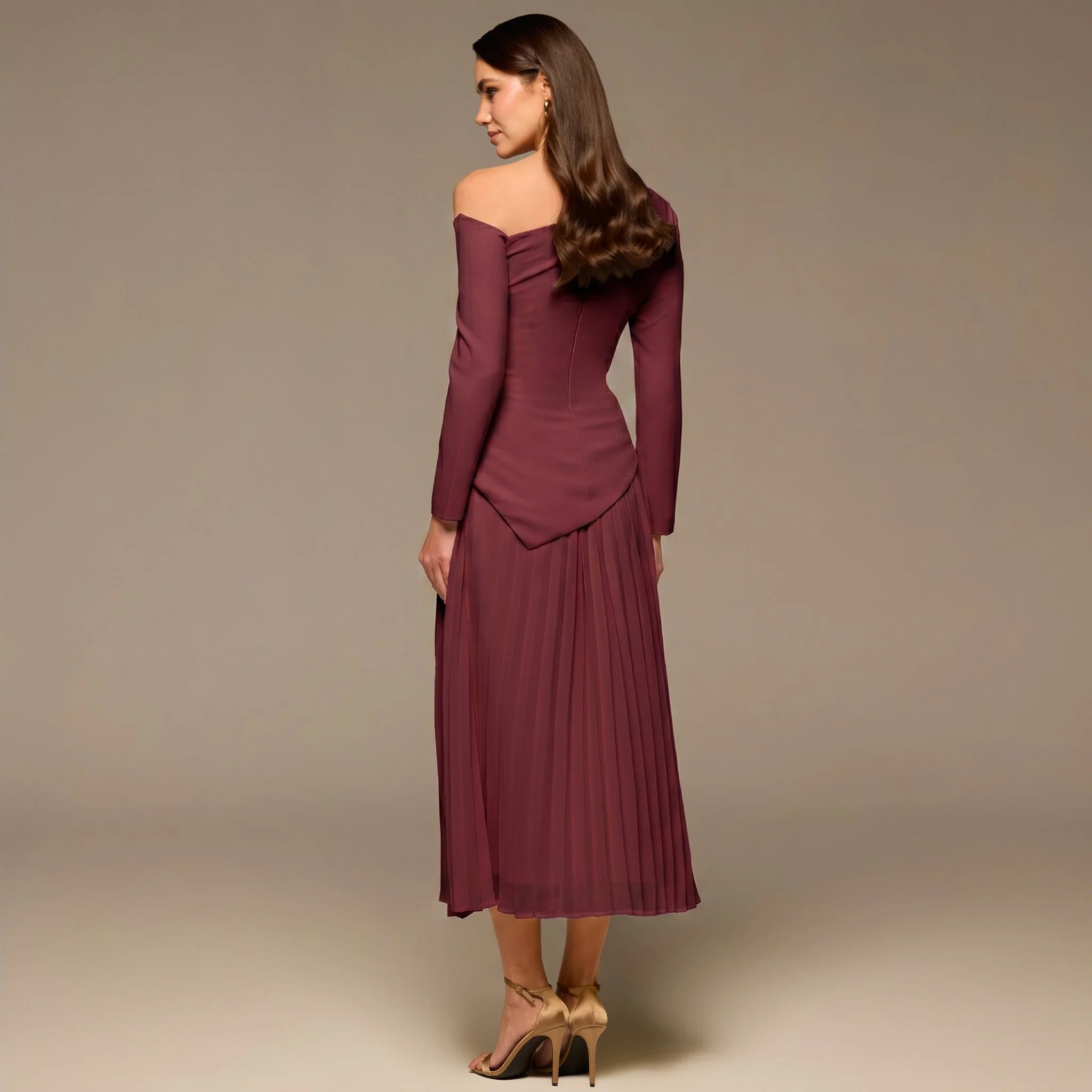 Plum One-shoulder Crepe Dress With Pleated Skirt - Image 4
