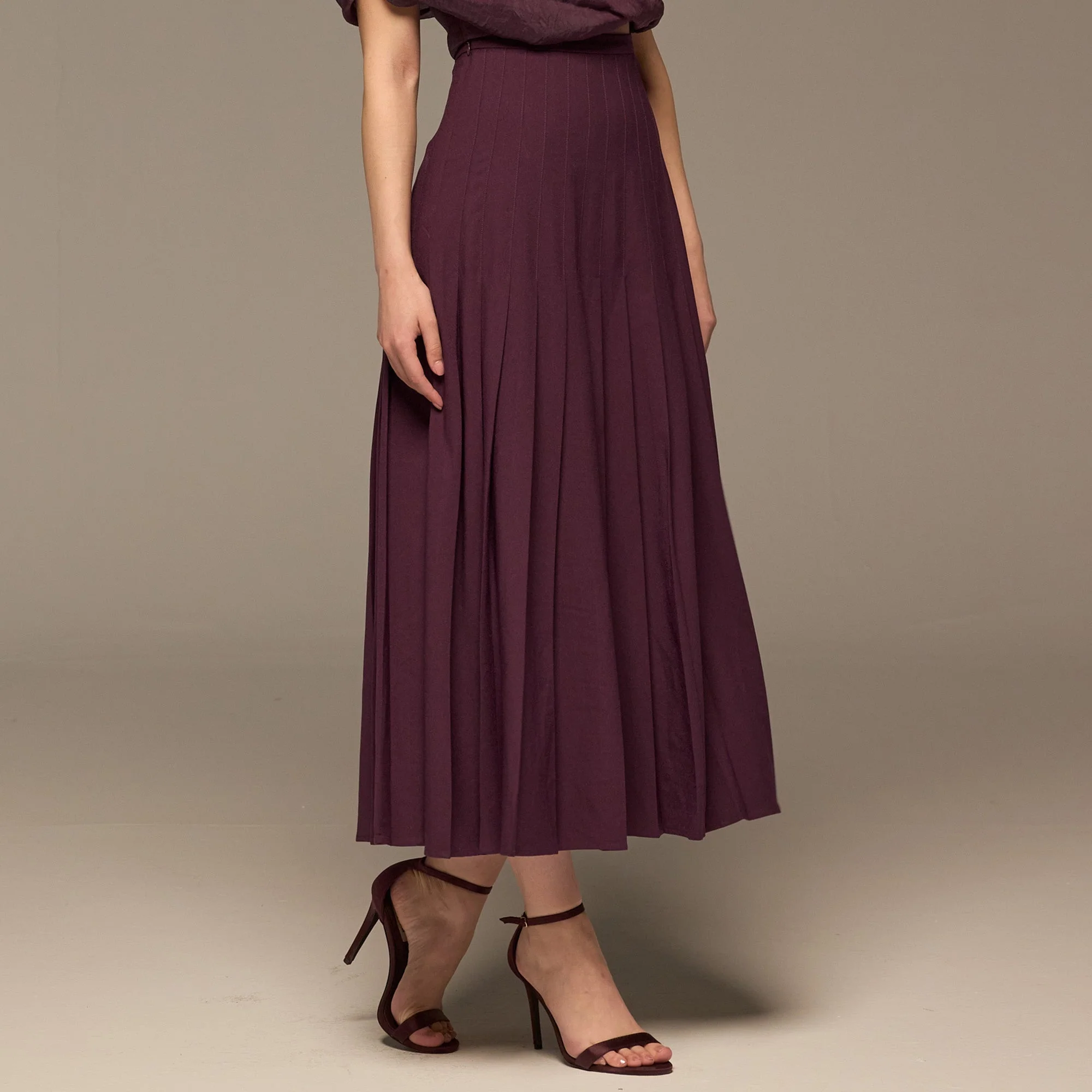 Purple Pleated A Line Crepe Skirt - Image 5