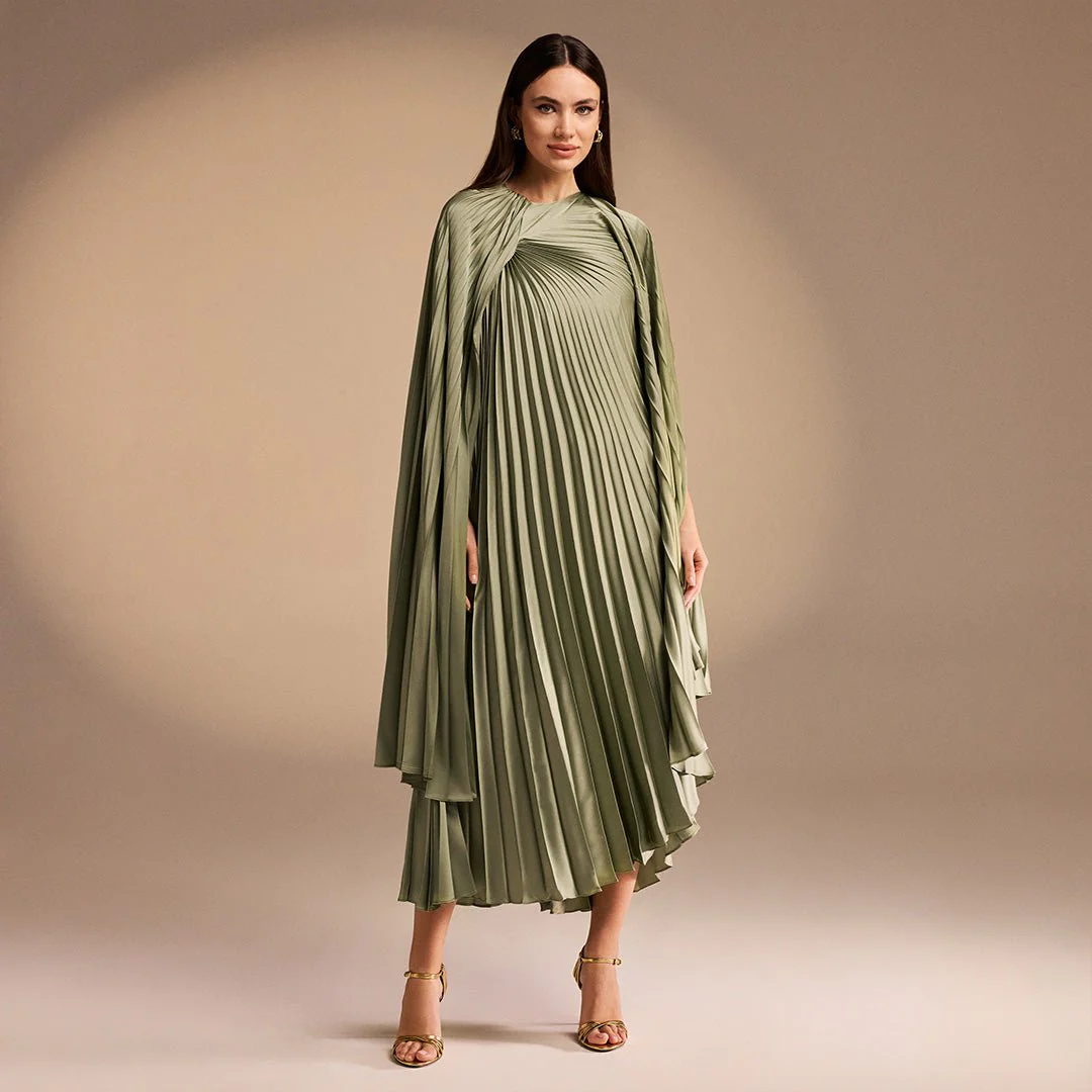 Light Green Cape Pleated Satin Midi Dress