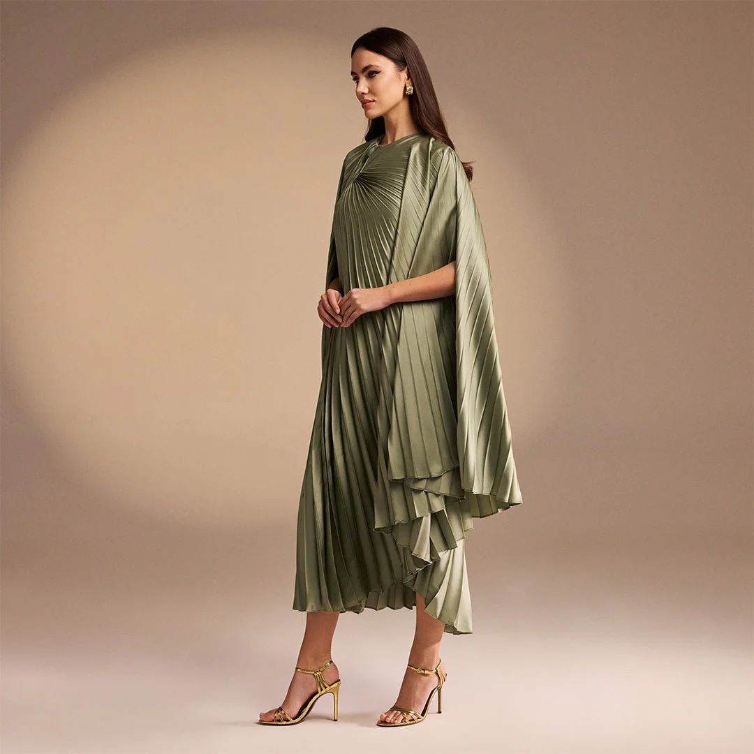 Light Green Cape Pleated Satin Midi Dress - Image 2