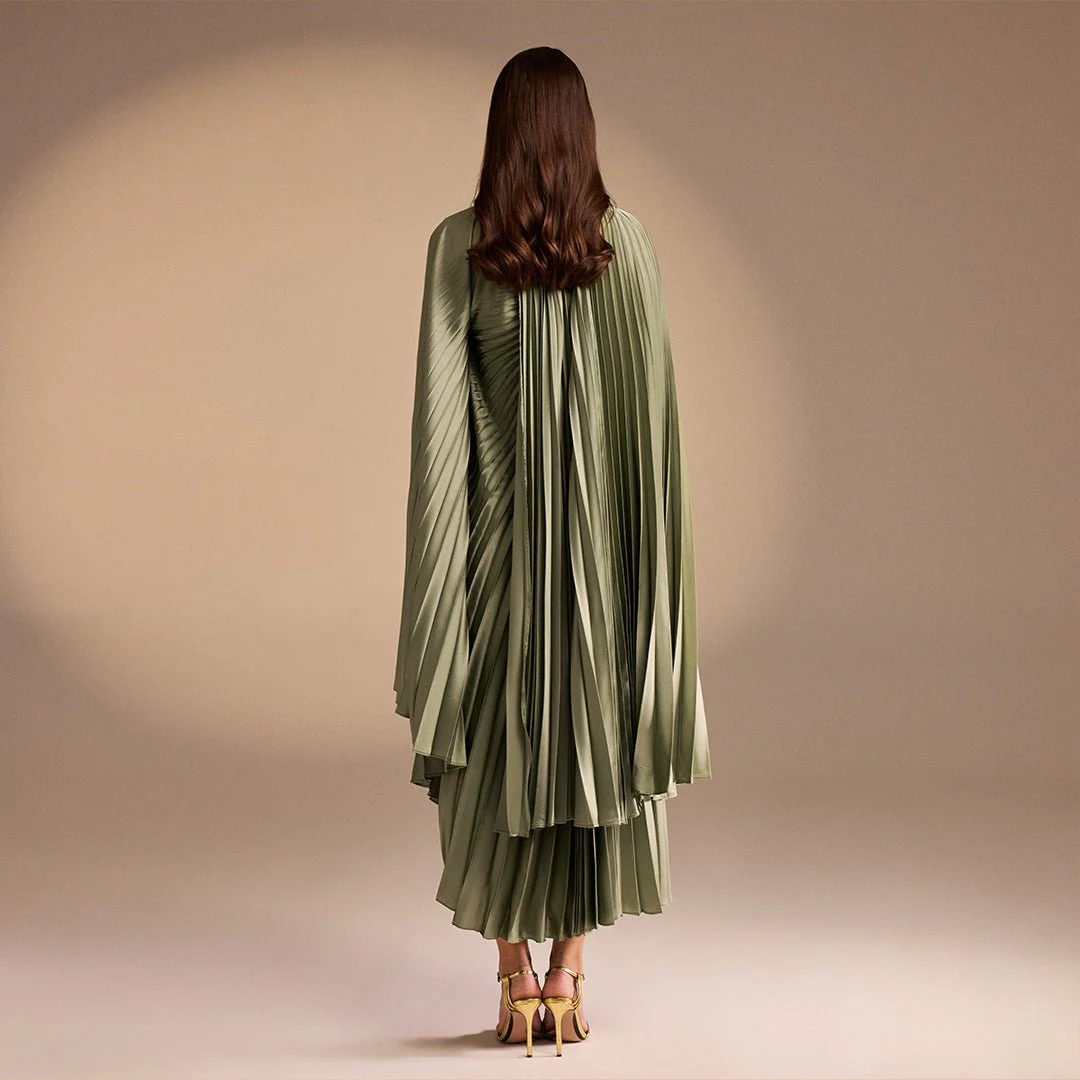 Light Green Cape Pleated Satin Midi Dress - Image 4