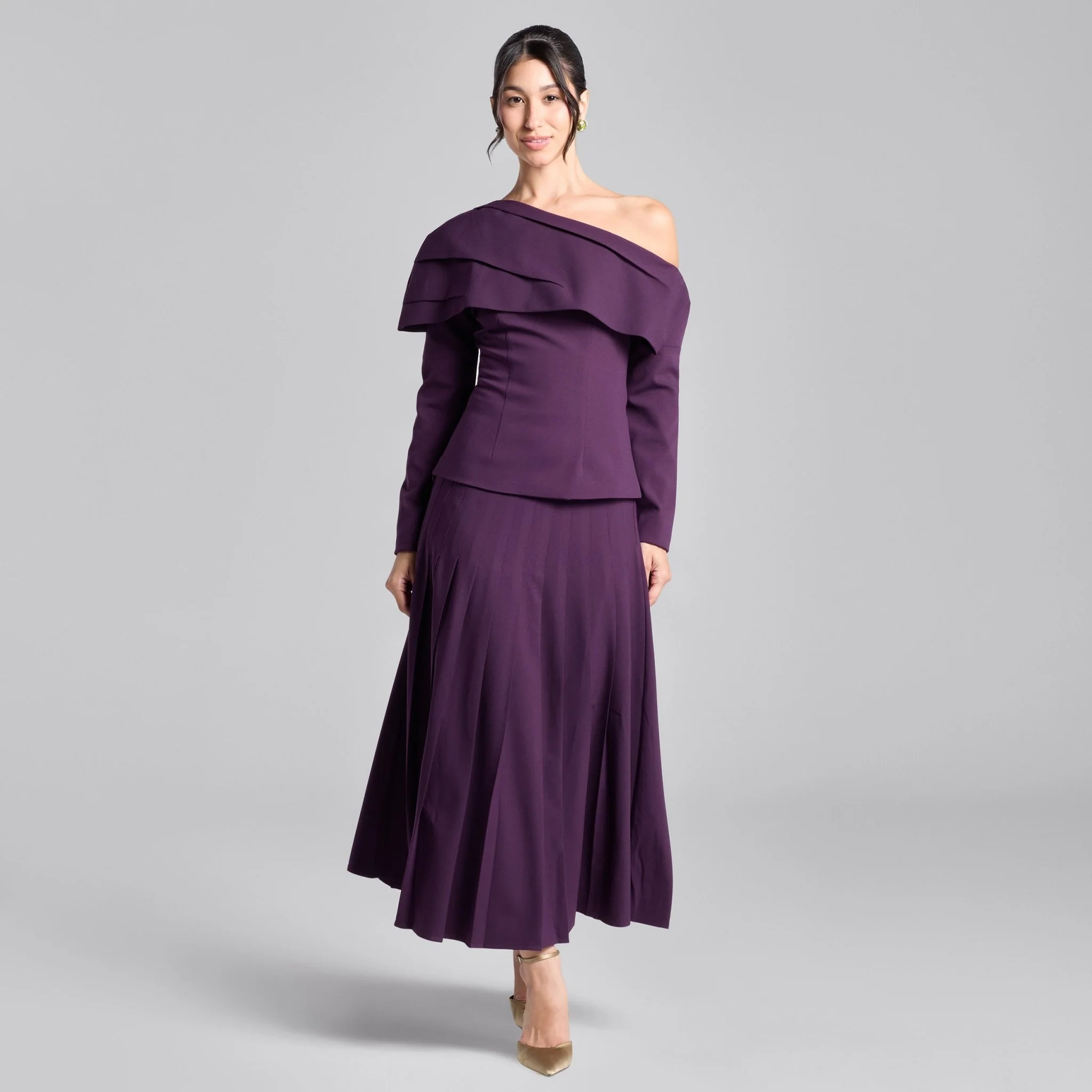Purple Pleated Crepe Maxi Skirt - Image 2