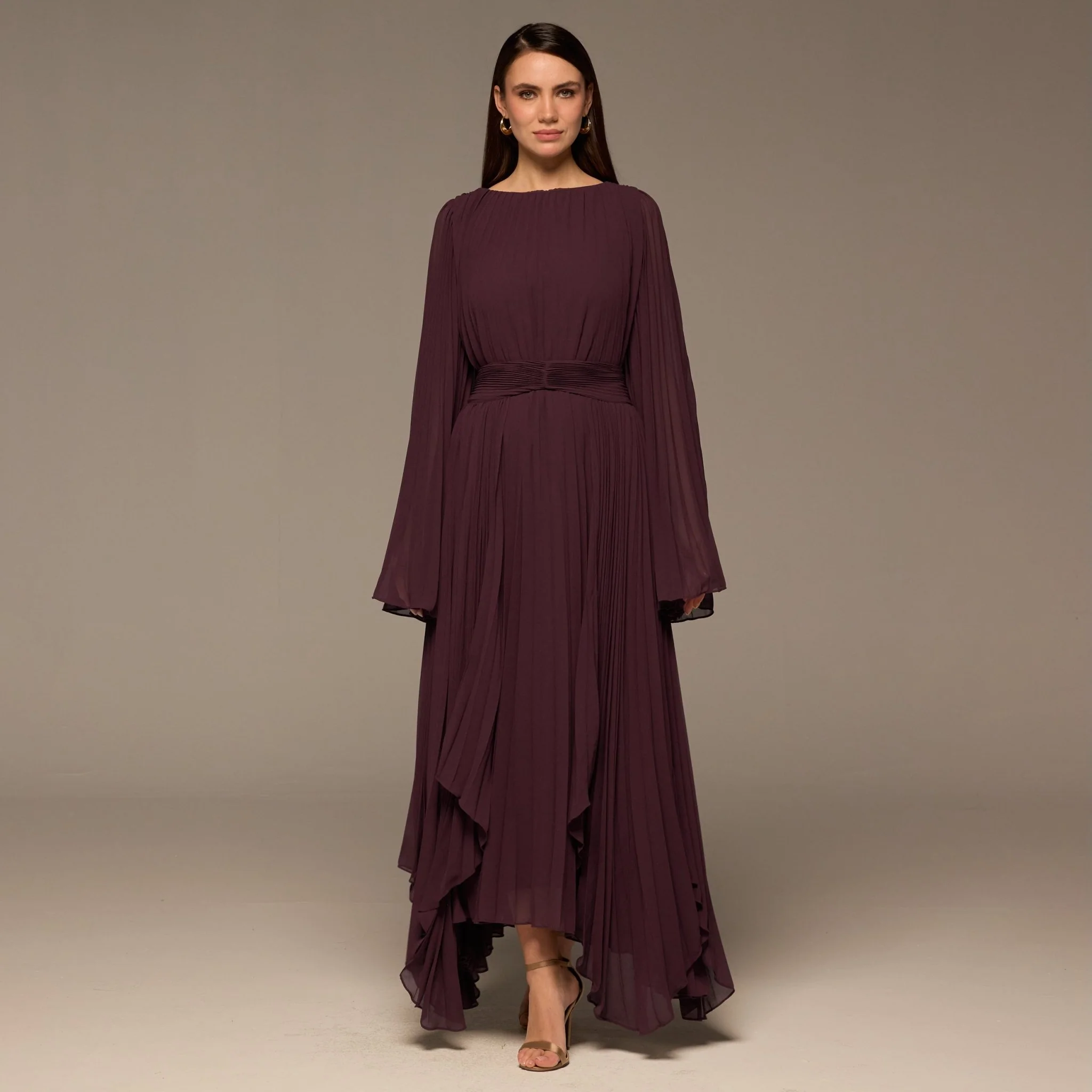 Purple Pleated Long Sleeve Chiffon Maxi Dress