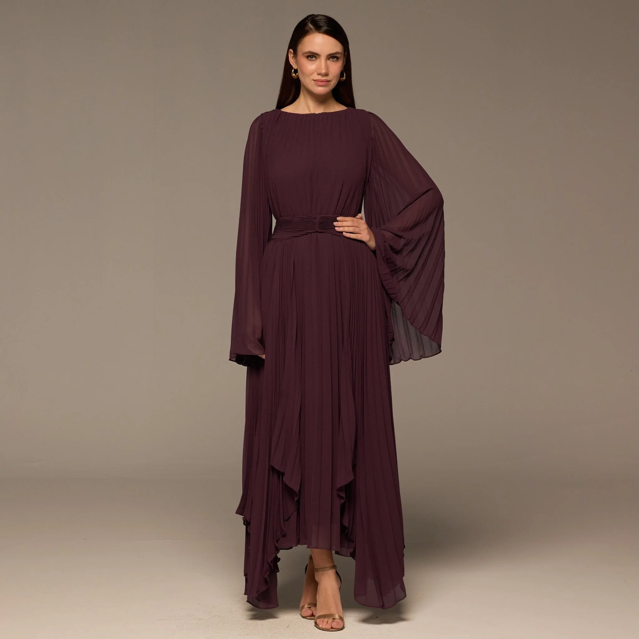 Purple Pleated Long Sleeve Chiffon Maxi Dress - Image 2