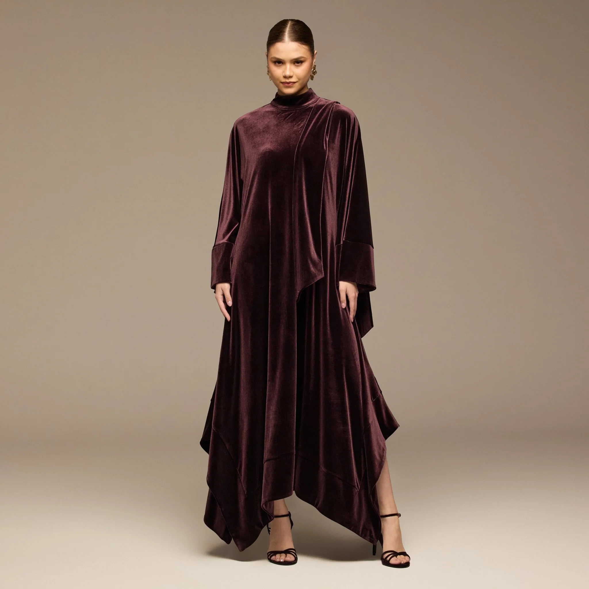 Purple Wide Sleeve Velvet Dress with Scarf