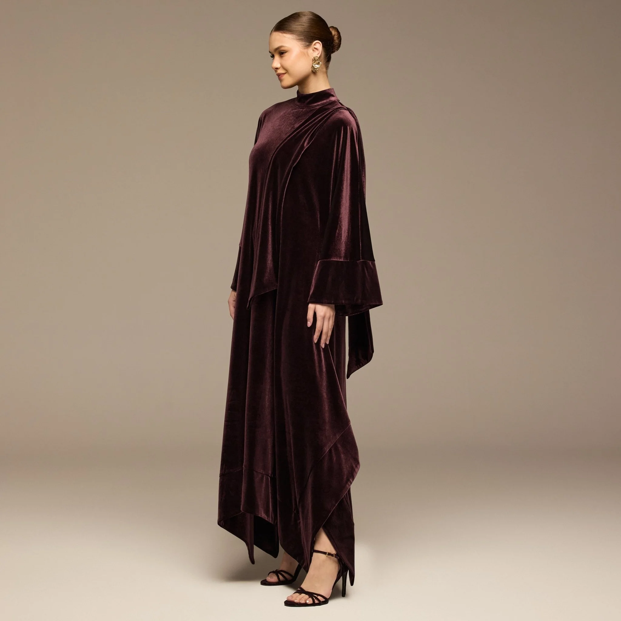 Purple Wide Sleeve Velvet Dress with Scarf - Image 2