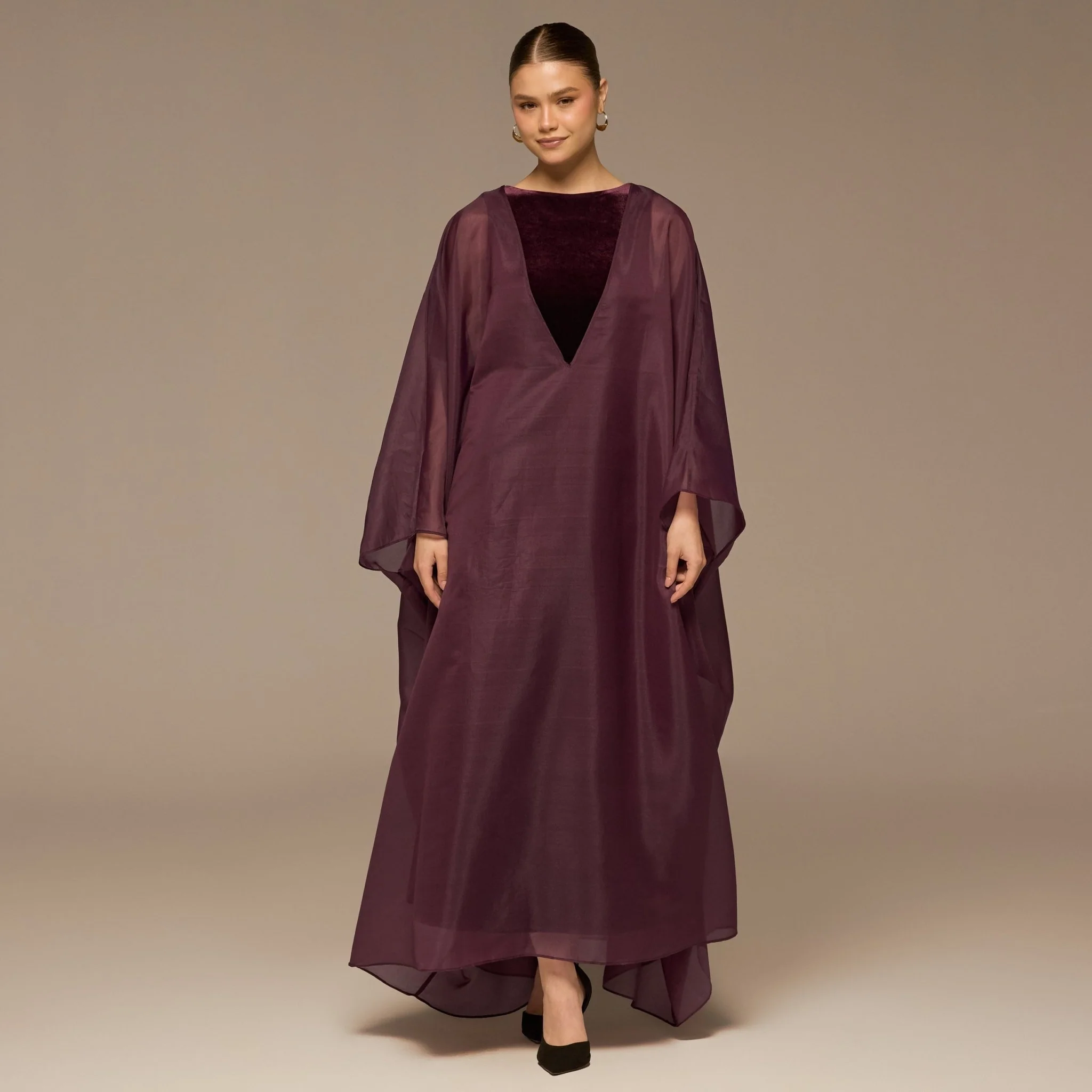 Purple Velvet Dress with Sheer Organza Cape