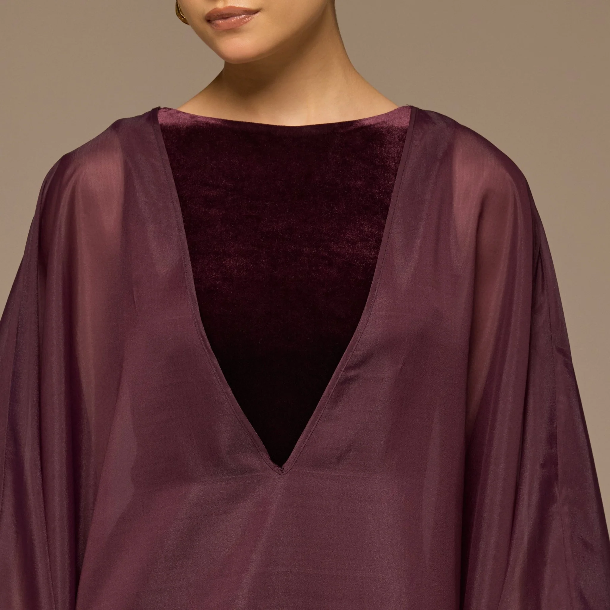 Purple Velvet Dress with Sheer Organza Cape - Image 3