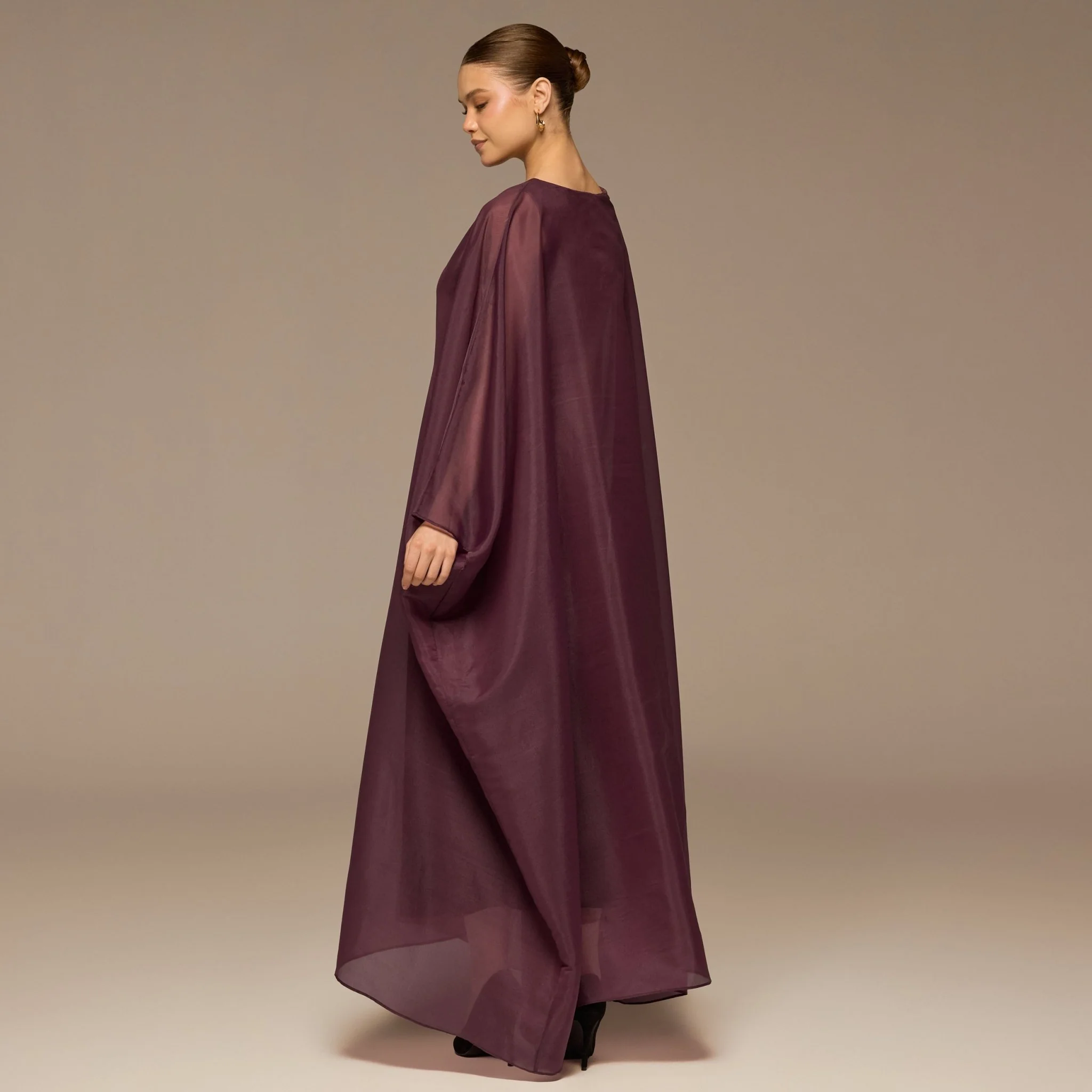Purple Velvet Dress with Sheer Organza Cape - Image 4