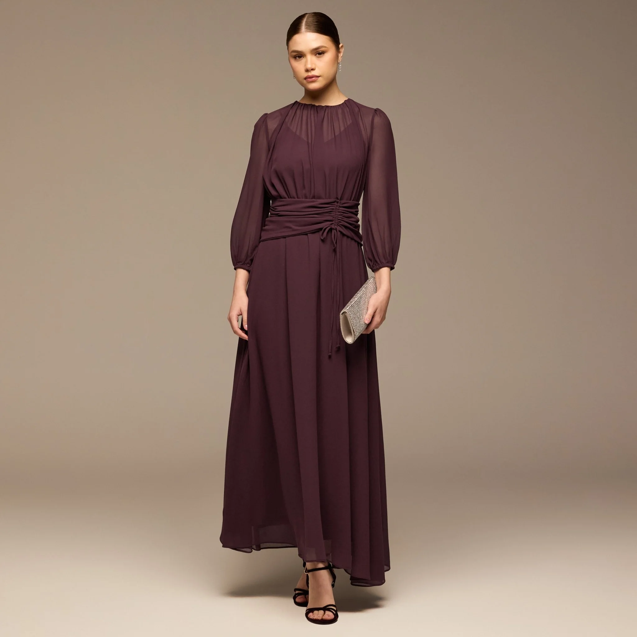 Purple Ruched Waist Chiffon Maxi Dress