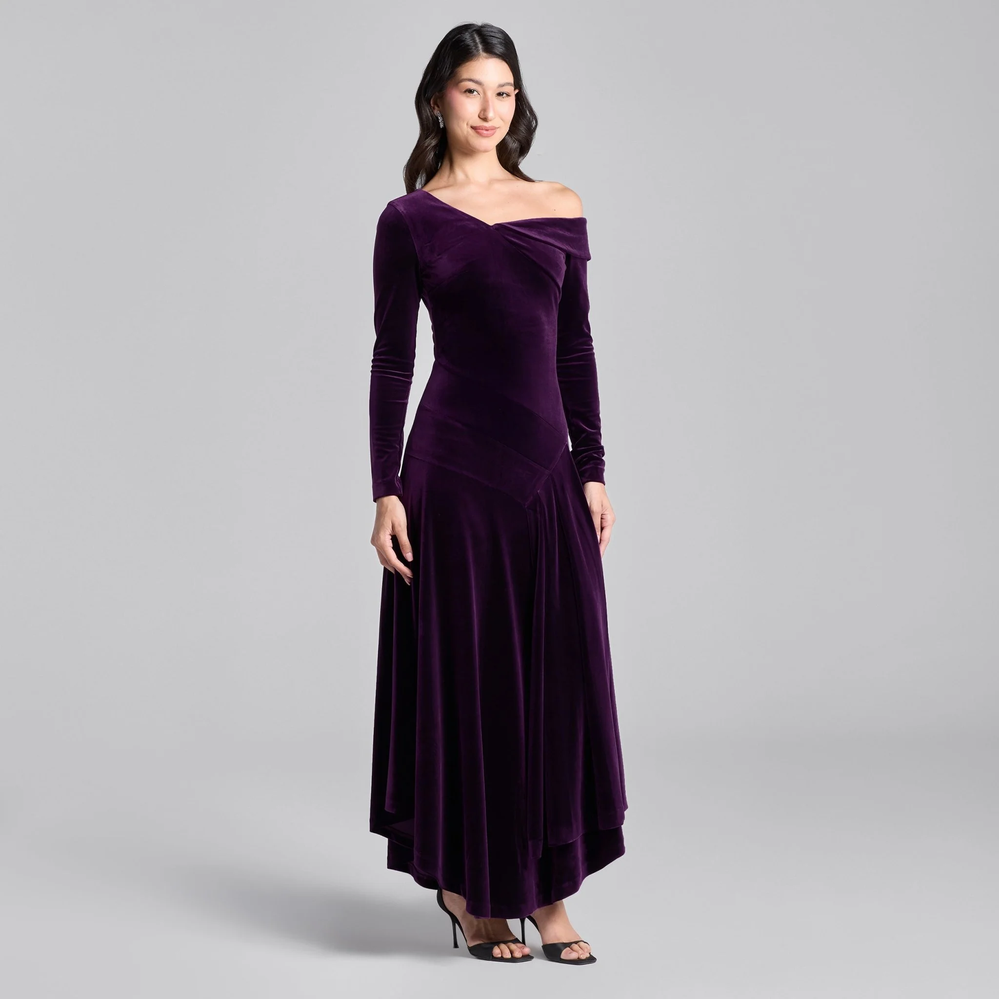 Purple Velvet Asymmetric Neckline Midi Dress - Image 2