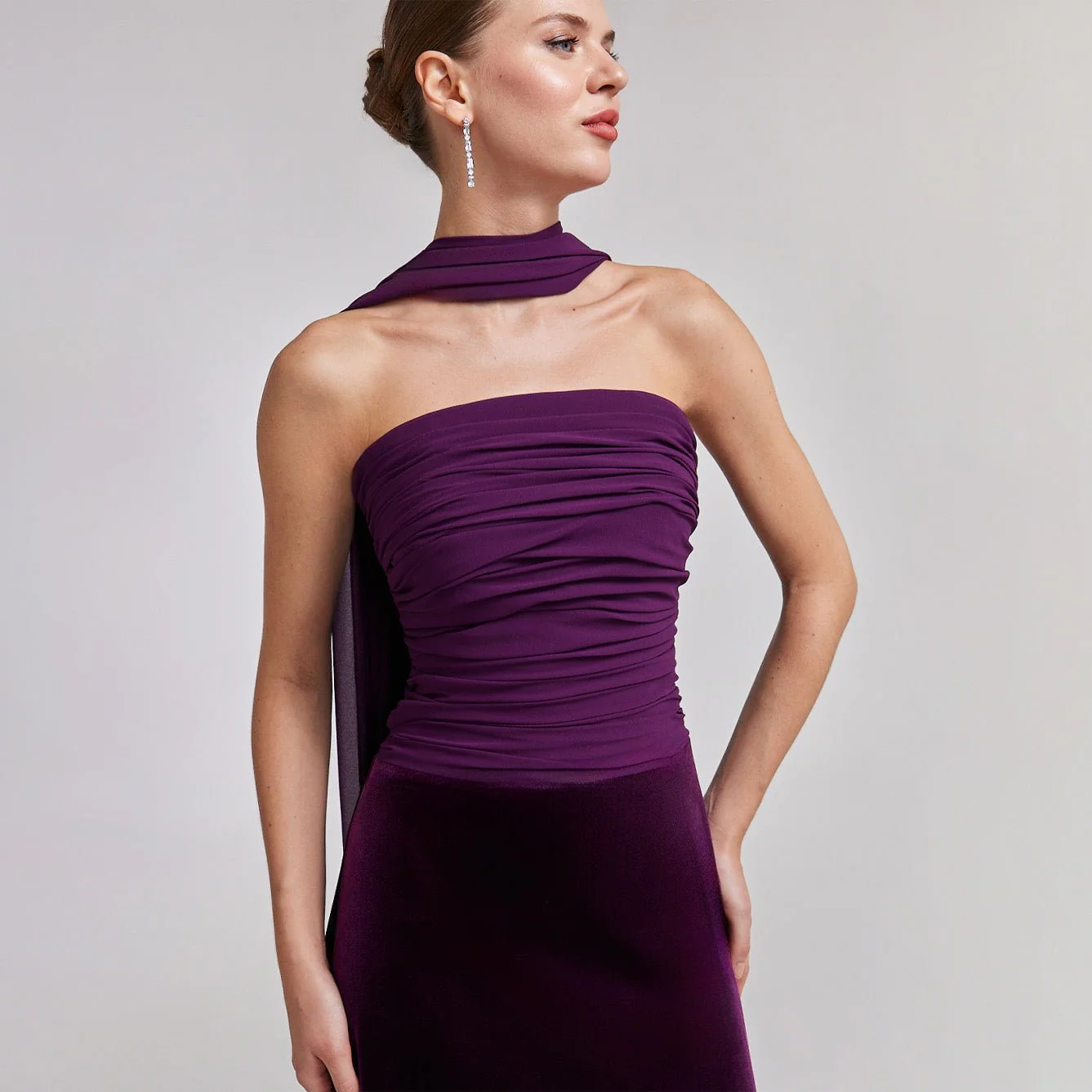Purple Velvet-Chiffon Strapless Gown with Draped Scarf - Image 3